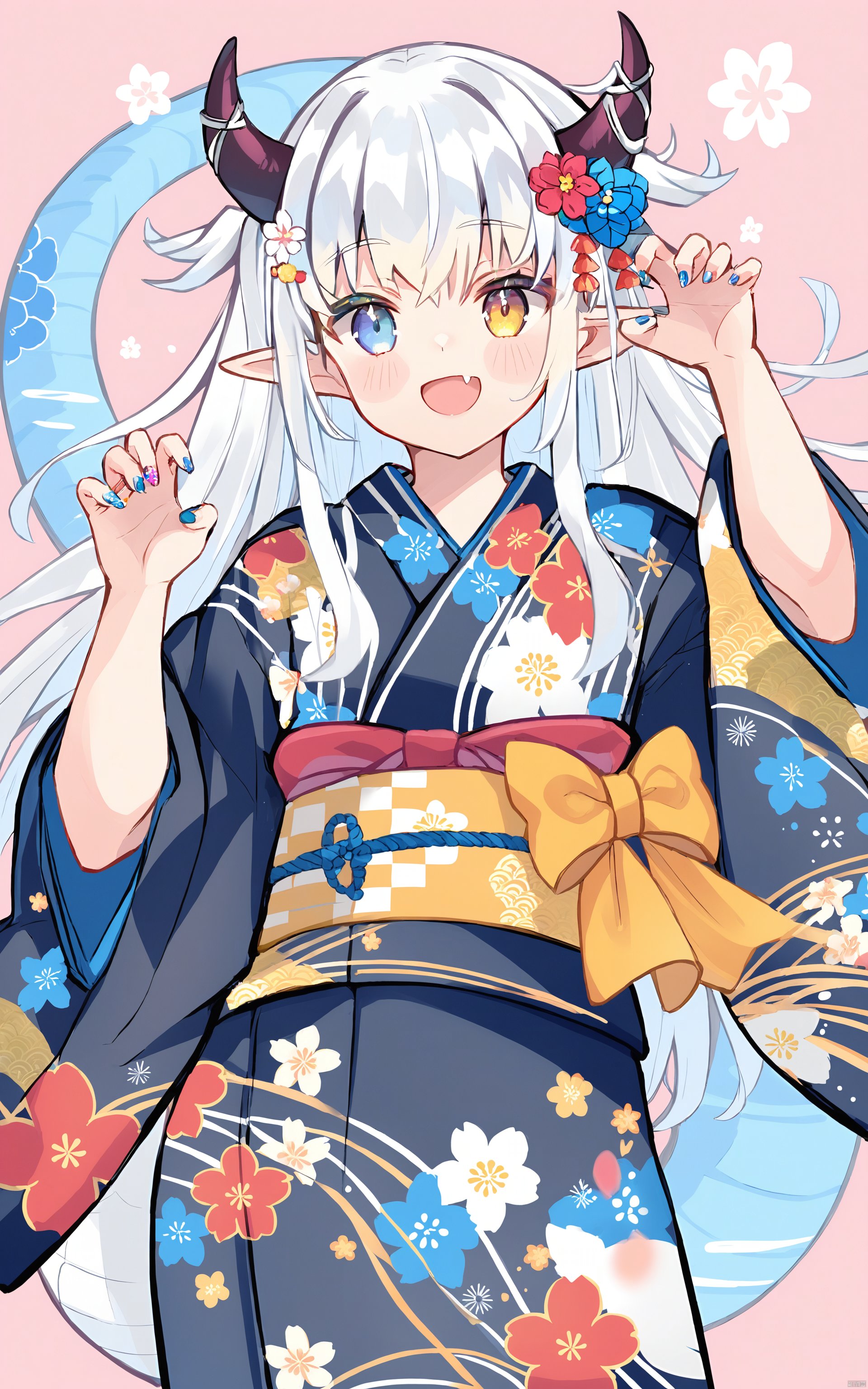 (best quality), ((masterpiece))Thin lines, 1girl, solo, japanese clothes, kimono, heterochromia, dragon tail, horns, dragon girl, flower, dragon horns, white hair, claw pose, yellow eyes, obi, sash, smile, looking at viewer, fang, blue eyes, blush, long hair, floral print, blue nails, skin fang, fingernails, open mouth, tail, wide sleeves, bangs, long sleeves, hair flower, pointy ears, nail polish, :d, hair ornament