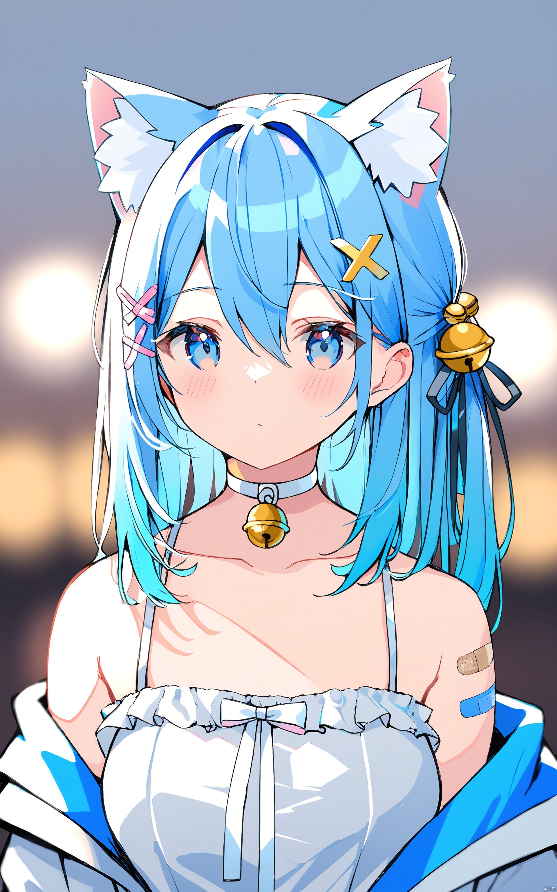 (best quality), ((masterpiece))Thin lines, 1girl, solo, sleeveless dress, animal ears, blue eyes, bell, jingle bell, sleeveless, long hair, dress, jacket, blush, hair ornament, bangs, bare shoulders, blurry background, hair between eyes, animal ear fluff, white dress, open jacket, x hair ornament, upper body, cat ears, multicolored hair, blue hair, breasts, blurry, off shoulder, depth of field, open clothes, looking at viewer, collarbone, bandaid, closed mouth, bow, white jacket, gradient hair, neck bell