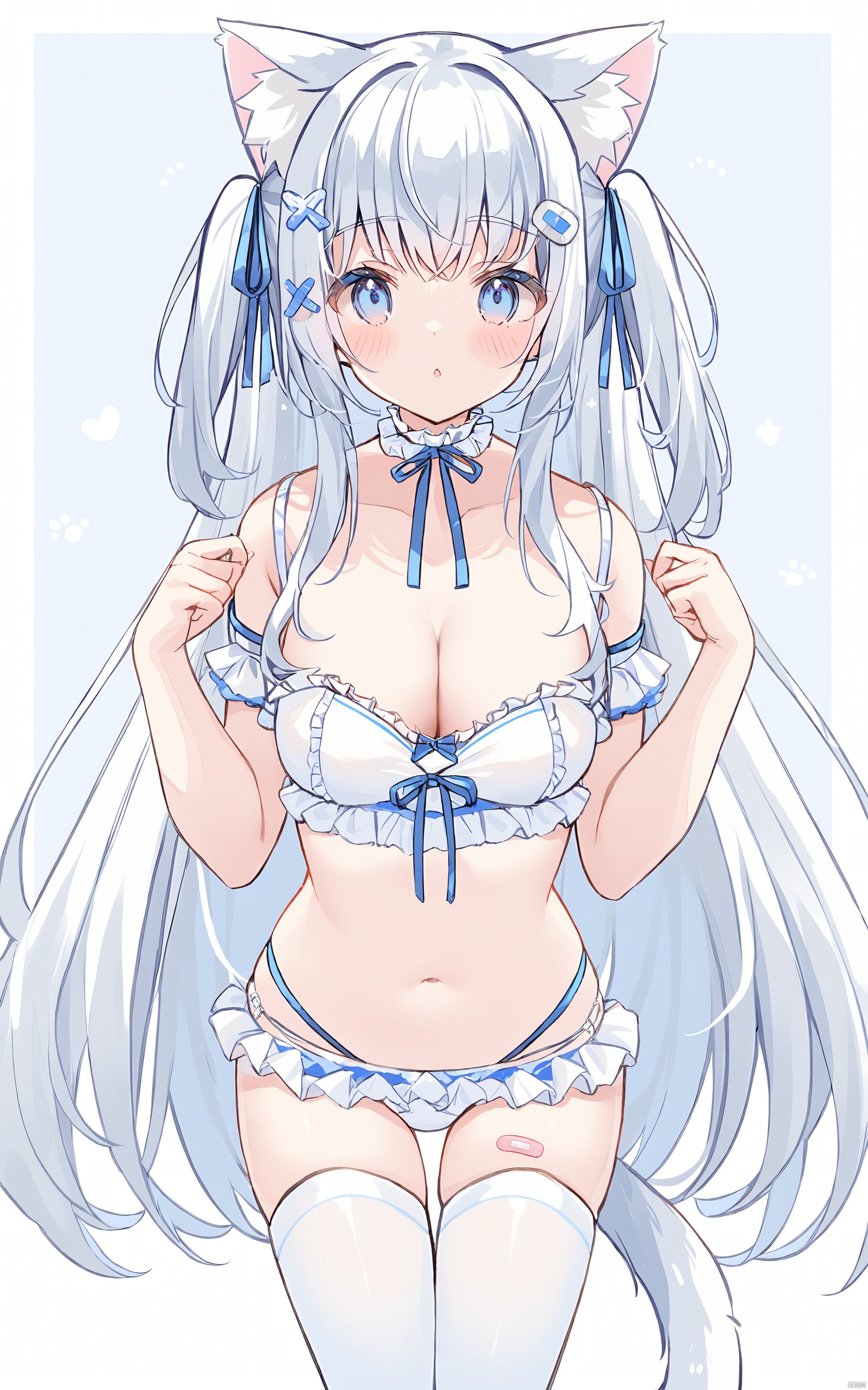 (best quality), ((masterpiece))Thin lines, 1girl, solo, animal ears, frills, tail, long hair, cat ears, cat tail, bandaid, breasts, looking at viewer, cat girl, navel, blue eyes, animal ear fluff, thighhighs, single thighhigh, blush, bangs, very long hair, white thighhighs, cleavage, stomach, white background, cowboy shot