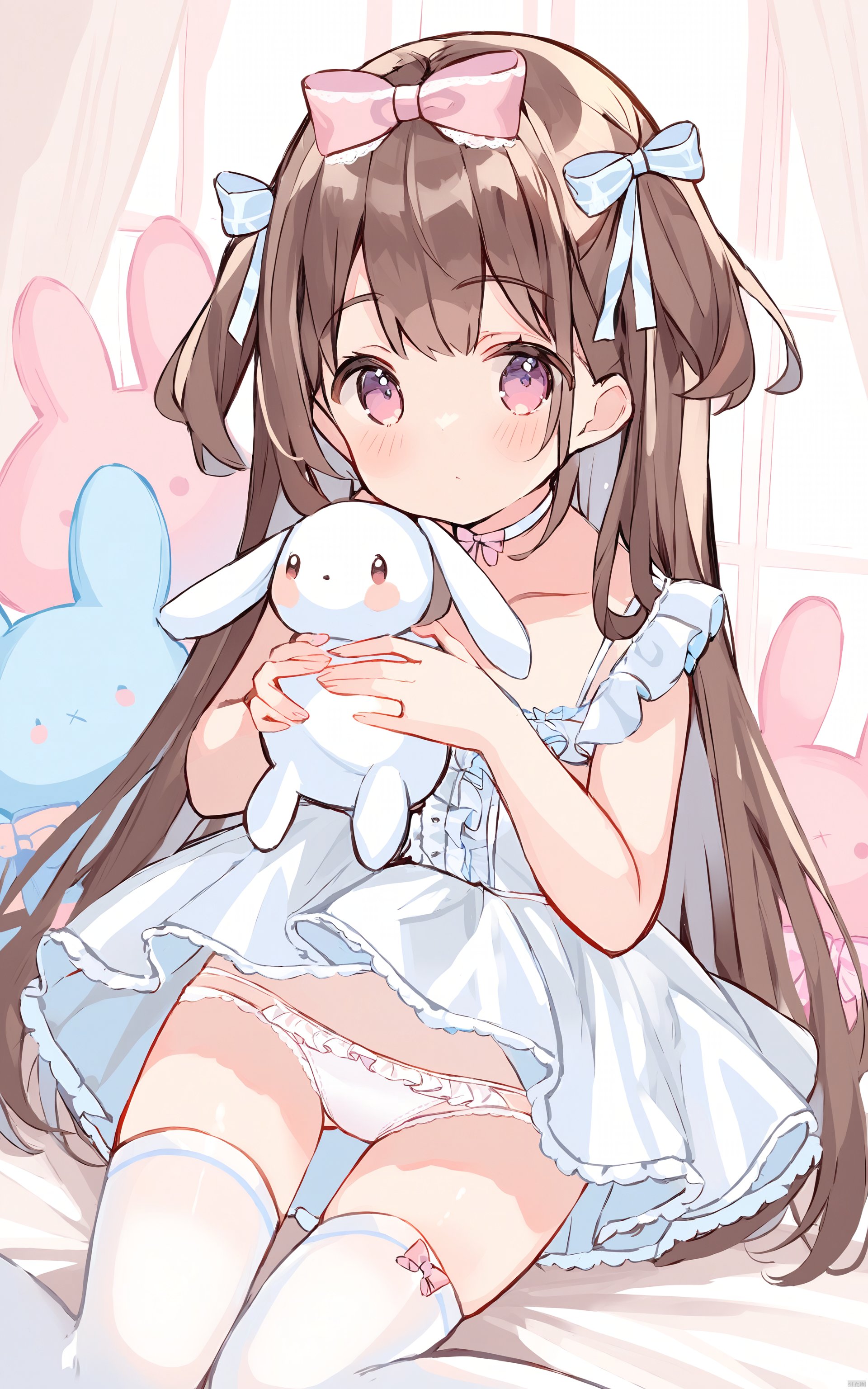 (best quality), ((masterpiece))Thin lines, 1girl, solo, stuffed toy, stuffed animal, thighhighs, underwear, white thighhighs, panties, looking at viewer, two side up, frills, stuffed bunny, long hair, holding stuffed toy, white choker, choker, brown hair, blush, white panties, bangs, ribbon, closed mouth, bow, multicolored hair, pink eyes