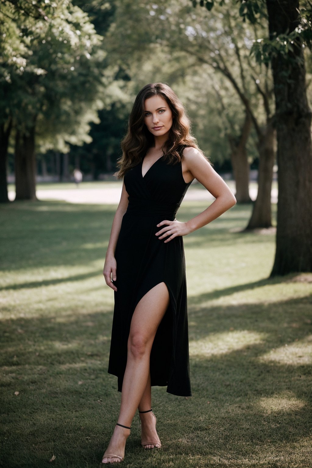 wo_kylcole01,  portrait of a medium and wavy hair,  woman,  wearing a black dress,  in a park,  masterpiece,  ((hands on the hips)),  natural light,  vignette effect,  gorgeous,  blurry background