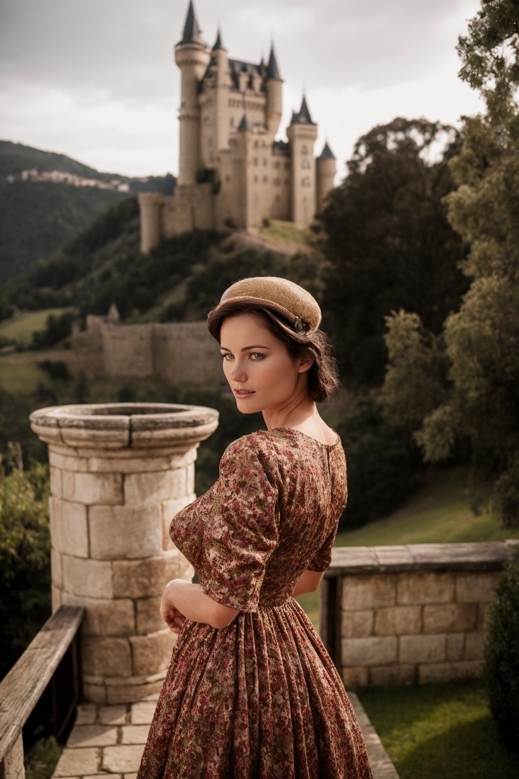 wo_kylcole01, upper body, wearing a vintage dress, a castle at the background, 8k, masterpiece, high quality, highres, photorealistic, raw, extremely detail,photorealistic