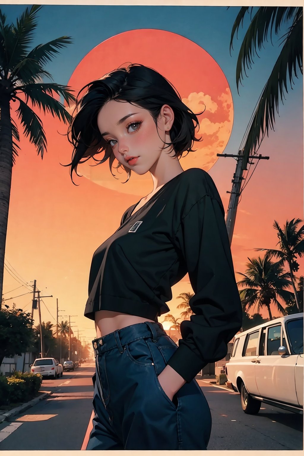 retro girl, Miami, sunset, Ferrari, palm tree, 90's, (flat colors, flat texture, lineart:1.2), graphical design, (heavy ink, ink blacks), 