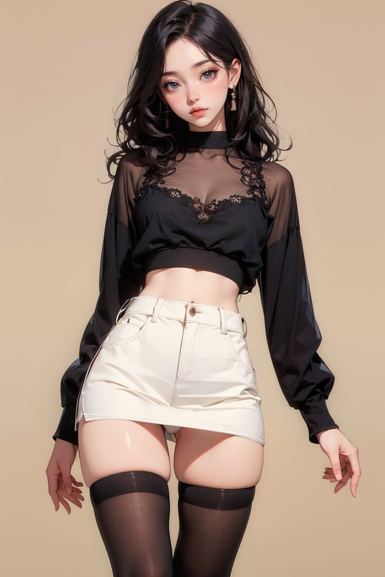 ((masterpiece, high quality, best quality, 8k, wallpaper, fine lineart, highly detailed, absurdres)), 1girl, korean popstar, thighhighs, miniskirt, high heels, mesh top, long black hair, pretty hands, cameltoe, curly hair, 