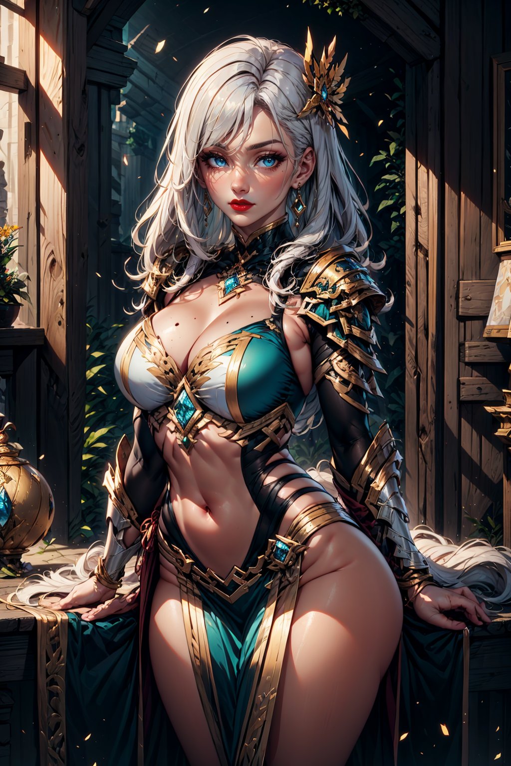 1girl, solo, long hair, breasts, looking at viewer, bangs, blue eyes, large breasts, hair ornament, dress, navel, cleavage, jewelry, closed mouth, standing, white hair, cowboy shot, earrings, detached sleeves, indoors, armor, mole, lips, groin, clothing cutout, mole under eye, no panties, detached collar, shoulder armor, gem, pelvic curtain, pauldrons, arms at sides, red lips, navel cutout