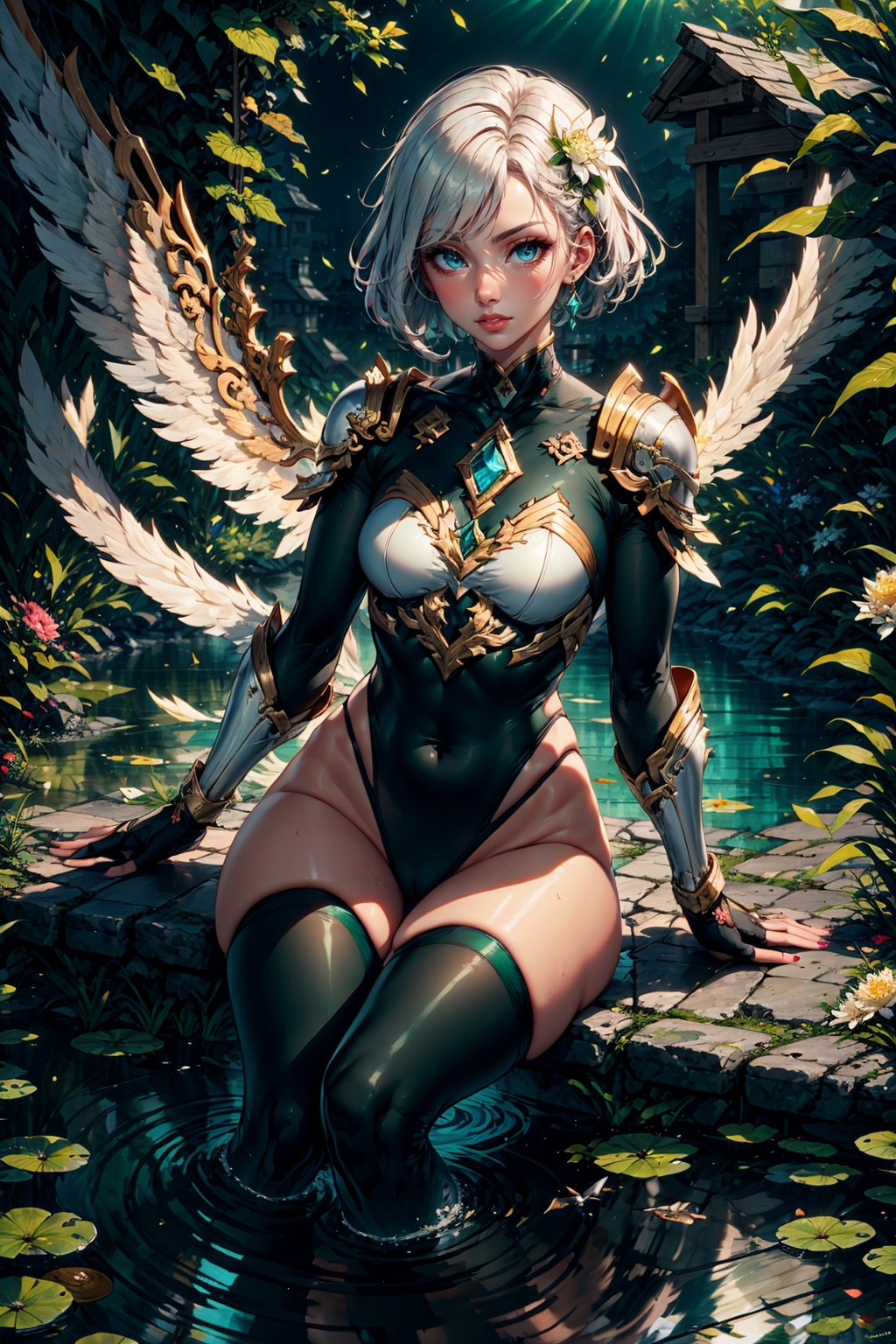 1girl, solo, breasts, looking at viewer, short hair, bangs, blue eyes, hair ornament, thighhighs, gloves, jewelry, medium breasts, sitting, closed mouth, flower, white hair, earrings, outdoors, parted lips, wings, day, black gloves, artist name, black thighhighs, hair flower, fingerless gloves, water, nail polish, armor, leotard, lips, covered navel, turtleneck, leaf, watermark, highleg, plant, white flower, shoulder armor, building, gem, bridal gauntlets, skin tight, highleg leotard, reflection, arm at side, stairs, nose, hand on own knee, soaking feet, ripples, mechanical wings, green leotard, lily pad