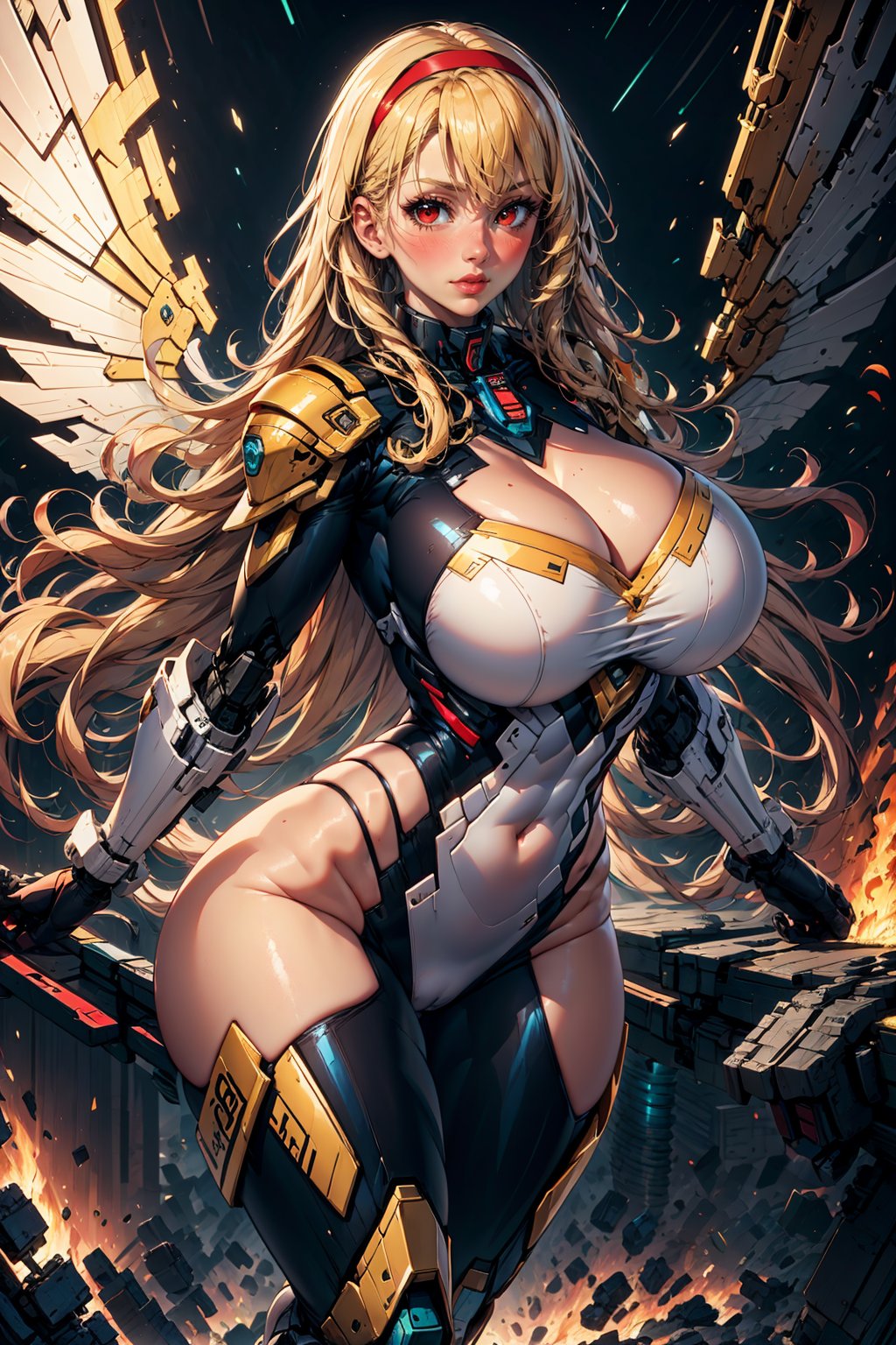 1girl, solo, long hair, breasts, looking at viewer, blush, bangs, blonde hair, large breasts, red eyes, thighhighs, gloves, navel, cleavage, thighs, hairband, wings, armor, huge breasts, lips, bodysuit, fire, center opening, mecha musume, mechanical wings
