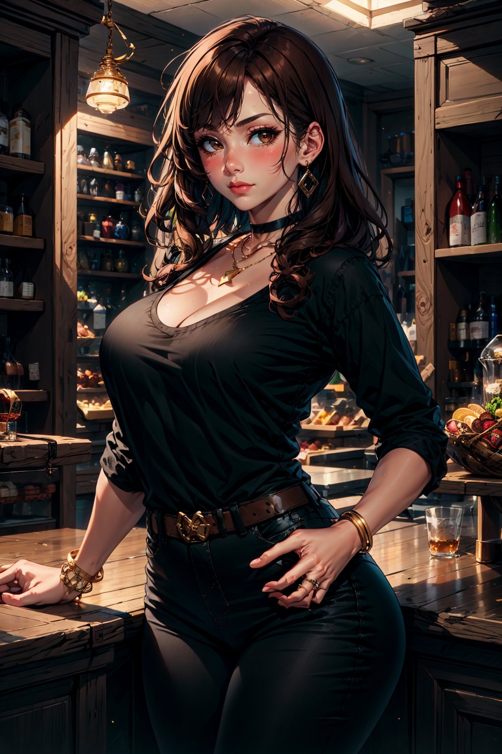 1girl, solo, long hair, breasts, looking at viewer, blush, bangs, large breasts, brown hair, shirt, long sleeves, cleavage, brown eyes, jewelry, closed mouth, standing, cowboy shot, earrings, choker, belt, pants, indoors, necklace, bracelet, lips, black shirt, arm support, wavy hair, black choker, black pants, ring, bottle, sleeves rolled up, bangle, shelf, bar \(place\), counter