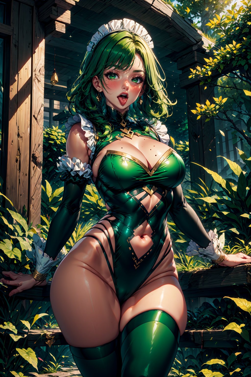 1girl, solo, long hair, breasts, looking at viewer, blush, open mouth, bangs, large breasts, thighhighs, long sleeves, navel, cleavage, jewelry, green eyes, thighs, cowboy shot, earrings, frills, detached sleeves, green hair, teeth, tongue, puffy sleeves, indoors, stomach, mole, leotard, tree, book, maid, maid headdress, clothing cutout, sparkle, skindentation, arm support, leaf, highleg, thick thighs, sunlight, plant, juliet sleeves, highleg leotard, stairs, center opening, shrug \(clothing\), navel cutout, green leotard, green thighhighs