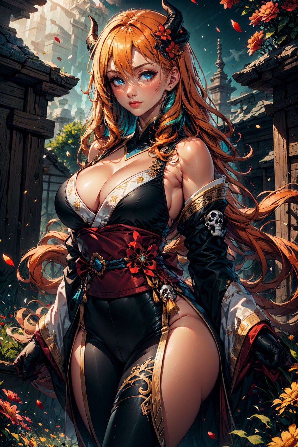 1girl, solo, long hair, breasts, looking at viewer, bangs, blue eyes, blonde hair, large breasts, black hair, hair ornament, gloves, cleavage, bare shoulders, closed mouth, standing, flower, multicolored hair, cowboy shot, detached sleeves, japanese clothes, horns, black gloves, elbow gloves, pants, orange hair, sash, petals, clothing cutout, obi, black pants, cleavage cutout, red flower, skull,girl