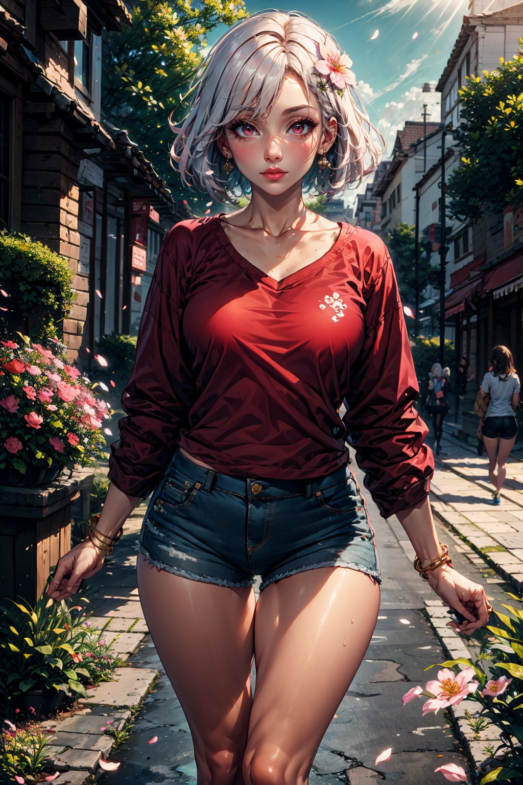 1girl, solo, breasts, looking at viewer, short hair, bangs, large breasts, shirt, hair ornament, red eyes, long sleeves, jewelry, medium breasts, closed mouth, standing, collarbone, flower, white hair, thighs, cowboy shot, earrings, outdoors, shorts, day, hair flower, pink eyes, bracelet, tree, lips, parted bangs, petals, short shorts, eyelashes, swept bangs, leaf, watermark, thigh gap, sunlight, plant, denim, cherry blossoms, building, red shirt, sleeves rolled up, denim shorts, legs together, pink lips, arms at sides, road, shade, cutoffs, dappled sunlight, lamppost, street, sleeves pushed up, pavement