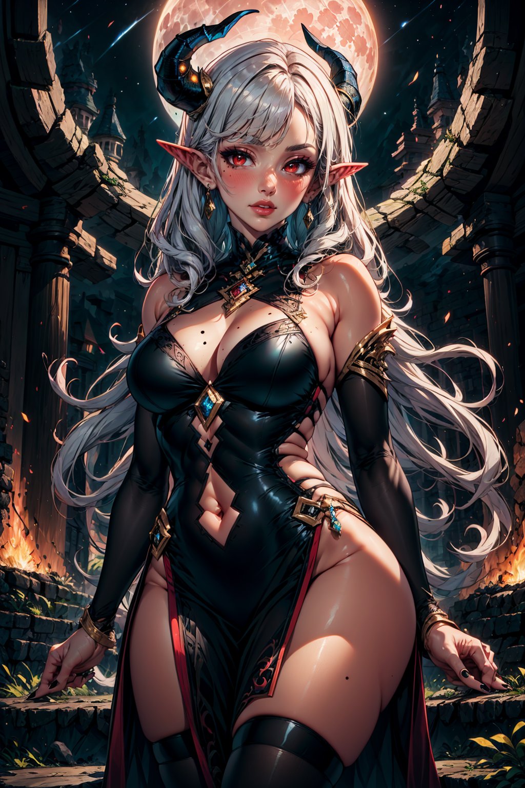 1girl, solo, long hair, breasts, looking at viewer, blush, bangs, large breasts, red eyes, thighhighs, dress, cleavage, bare shoulders, jewelry, medium breasts, underwear, panties, white hair, thighs, cowboy shot, earrings, parted lips, detached sleeves, horns, pointy ears, shiny, black thighhighs, nail polish, mole, black dress, lips, fingernails, shiny skin, parted bangs, covered navel, skindentation, night, highleg, moon, demon girl, fire, demon horns, black nails, bridal gauntlets, pelvic curtain, full moon, mole on breast, stairs, sharp fingernails
