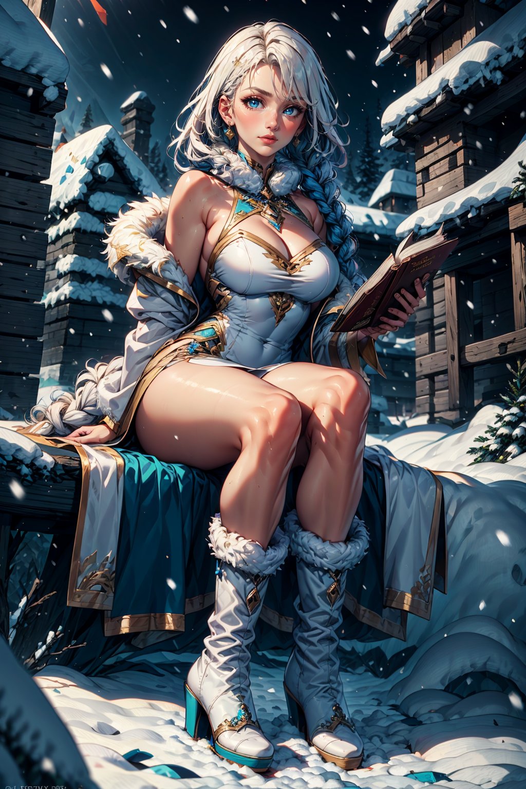 1girl, solo, long hair, breasts, looking at viewer, bangs, blue eyes, large breasts, dress, cleavage, bare shoulders, jewelry, sitting, very long hair, closed mouth, full body, braid, earrings, boots, outdoors, white dress, high heels, twin braids, lips, book, fur trim, clothing cutout, blue dress, bird, watermark, short dress, cleavage cutout, building, snow, blue footwear, snowing, ankle boots, book stack, fur-trimmed boots