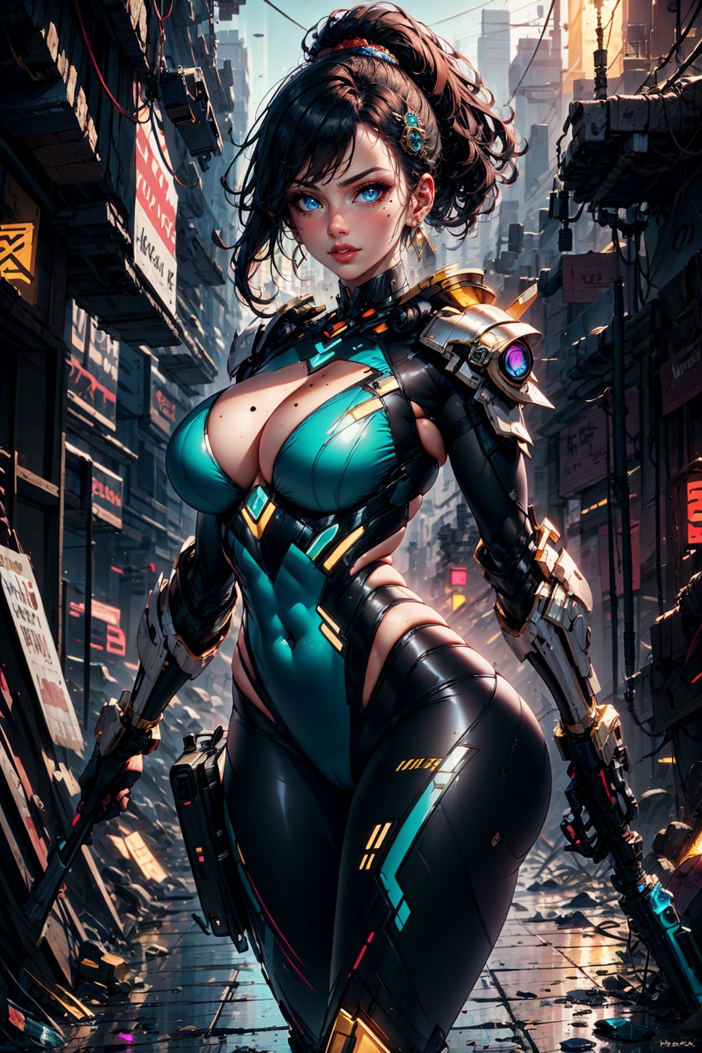 1girl, solo, long hair, breasts, looking at viewer, blue eyes, large breasts, black hair, hair ornament, cleavage, jewelry, standing, ponytail, weapon, earrings, outdoors, parted lips, armor, mole, leotard, lips, clothing cutout, bodysuit, covered navel, glowing, cleavage cutout, shoulder armor, skin tigh, science fiction, mole on breast, city, cyberpunk