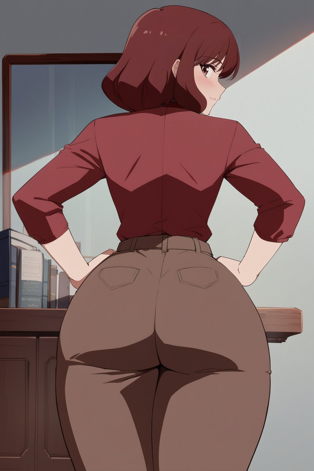 sole_female, 24 years old, ((red long sleeves turtleneck shirt)), ((brown jeans)), curly short bob curvy bang brown hair, brown eyes, curvy wide hips, ((Thicc Juicy Big Butt)), Bootylicious, back_view, ((hands on hips)), looking-at-viewer, masterpiece, best quality, detailed face, detailed, highres, cinematic moviemaker style,EPTakeuchiNaokoStyle,801TTS,anime,90s