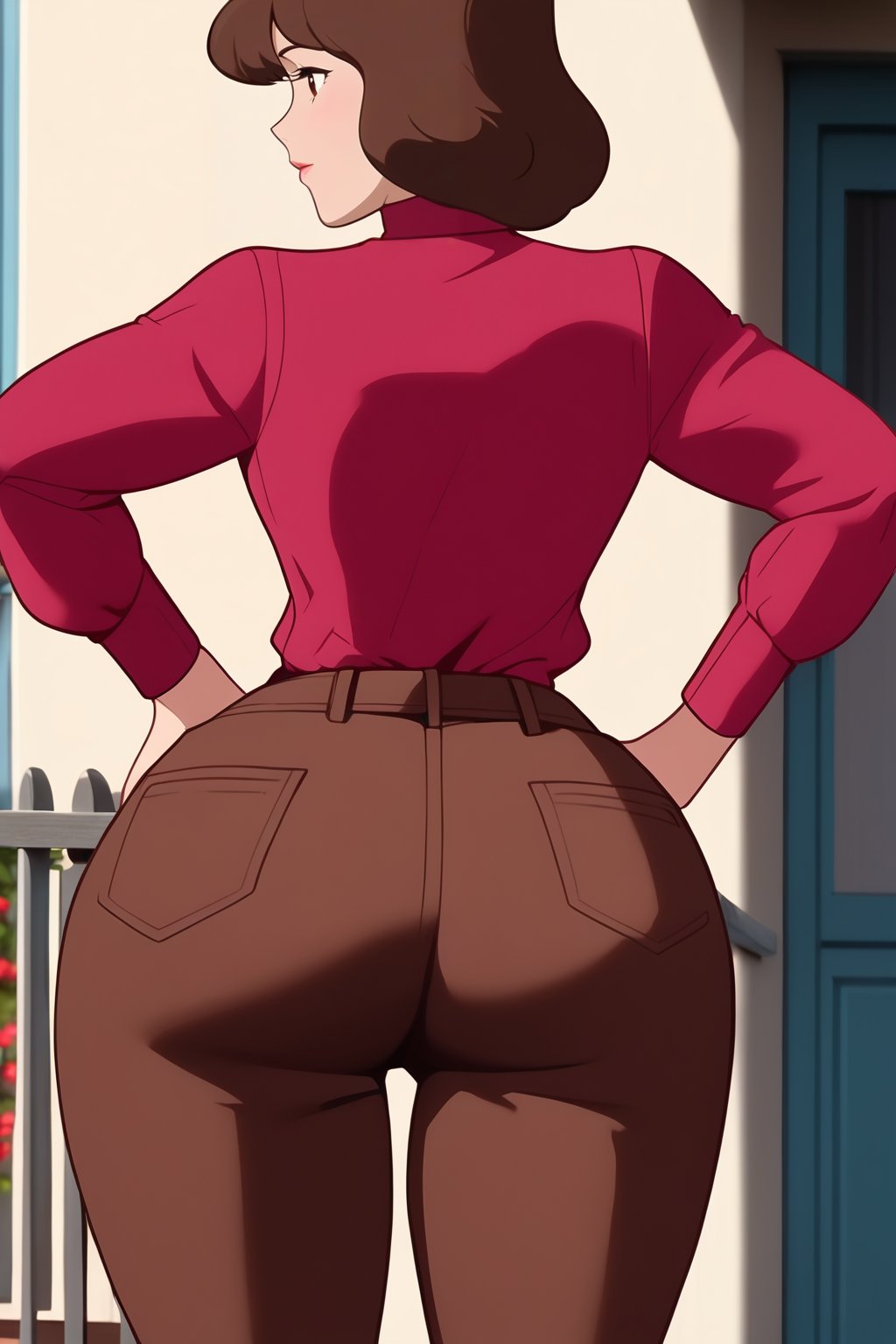 sole_female, 24 years old, ((red long sleeves turtleneck shirt)), ((brown jeans)), curly short bob curvy bang brown hair, brown eyes, curvy wide hips, Thicc Juicy Big Butt, Bootylicious, hands on hips, back_view, looking-at-viewer, outside of the house, masterpiece, best quality, detailed face, detailed, highres, cinematic moviemaker style