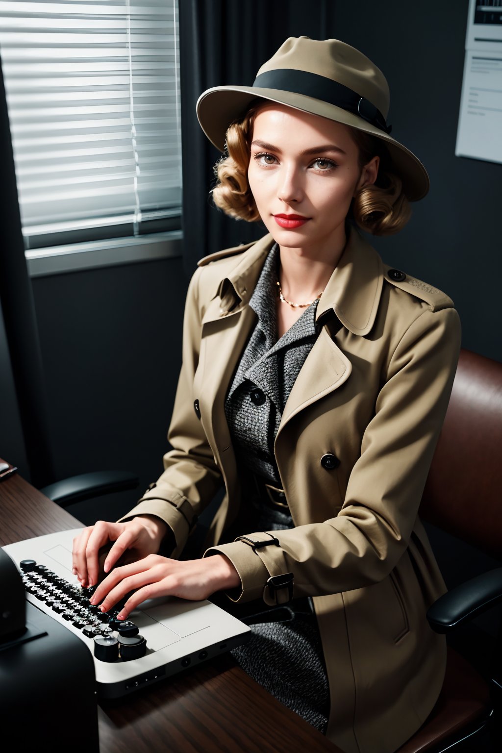 Merger_anna_carems,
a 1940s private investigator wearing a trench coat and rimmed hat sitting in a drab dank office at the desk using a typewriter, private investigator, 1940s,
bokeh, f1.4, 40mm, photorealistic, raw, 8k, textured skin, skin pores, intricate details  , epiCRealism