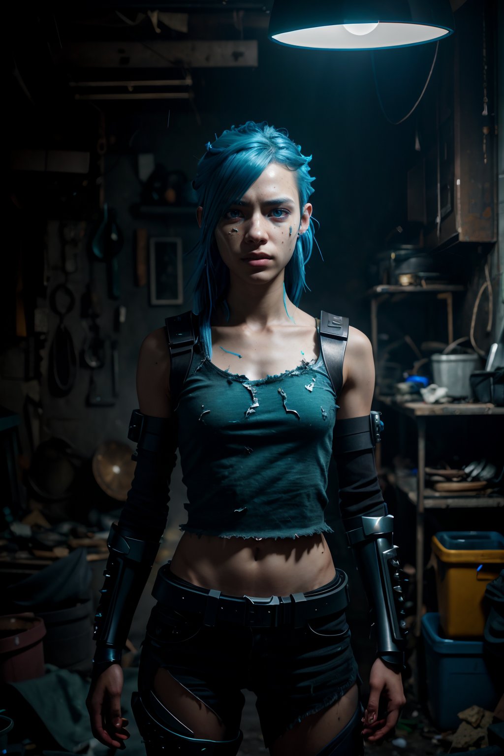 cell shading, digital art, dark and gloomy full body 8k unity render, female teen cyborg, Blue yonder hair, wearing broken battle armor, at cluttered and messy shack , action shot, tattered torn shirt, porcelain cracked skin, skin pores, detailed intricate iris, very dark lighting, heavy shadows, detailed, detailed face, (vibrant, dramatic, dark, sharp focus, 8k)  