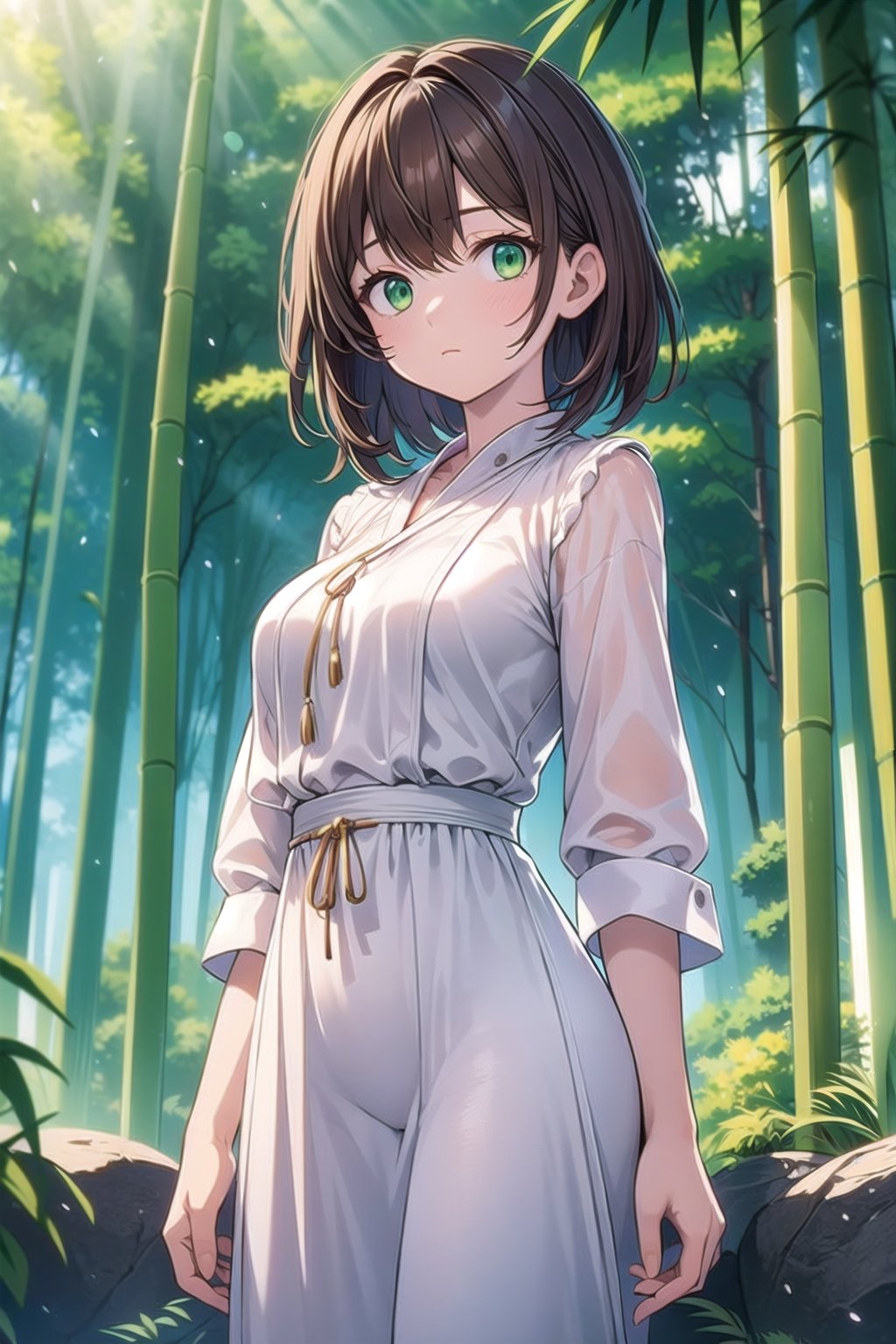 vibrant colors, female, masterpiece, sharp focus, best quality, depth of field, cinematic lighting, ((solo, one woman )), (illustration, 8k CG, extremely detailed), masterpiece, ultra-detailed,brown hair, green eyes, shirt, pants, landscape, road, rocks, natural, forest,bamboo, atmosphere, white dress,Spring,anime