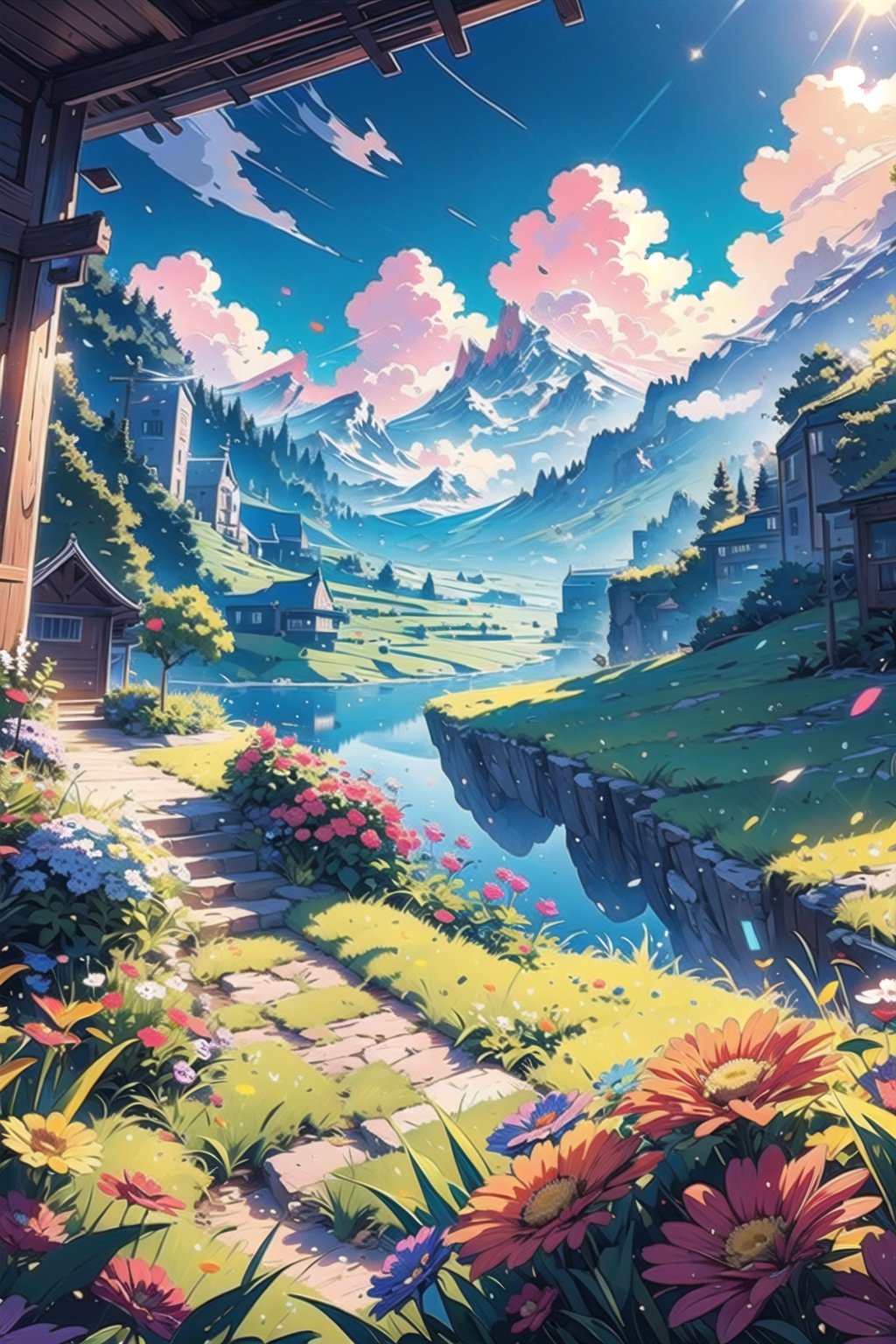 vibrant colors, female, masterpiece, sharp focus, best quality, depth of field, cinematic lighting, ((solo, one woman )), (illustration, 8k CG, extremely detailed), masterpiece, ultra-detailed,landscape, clouds, plants