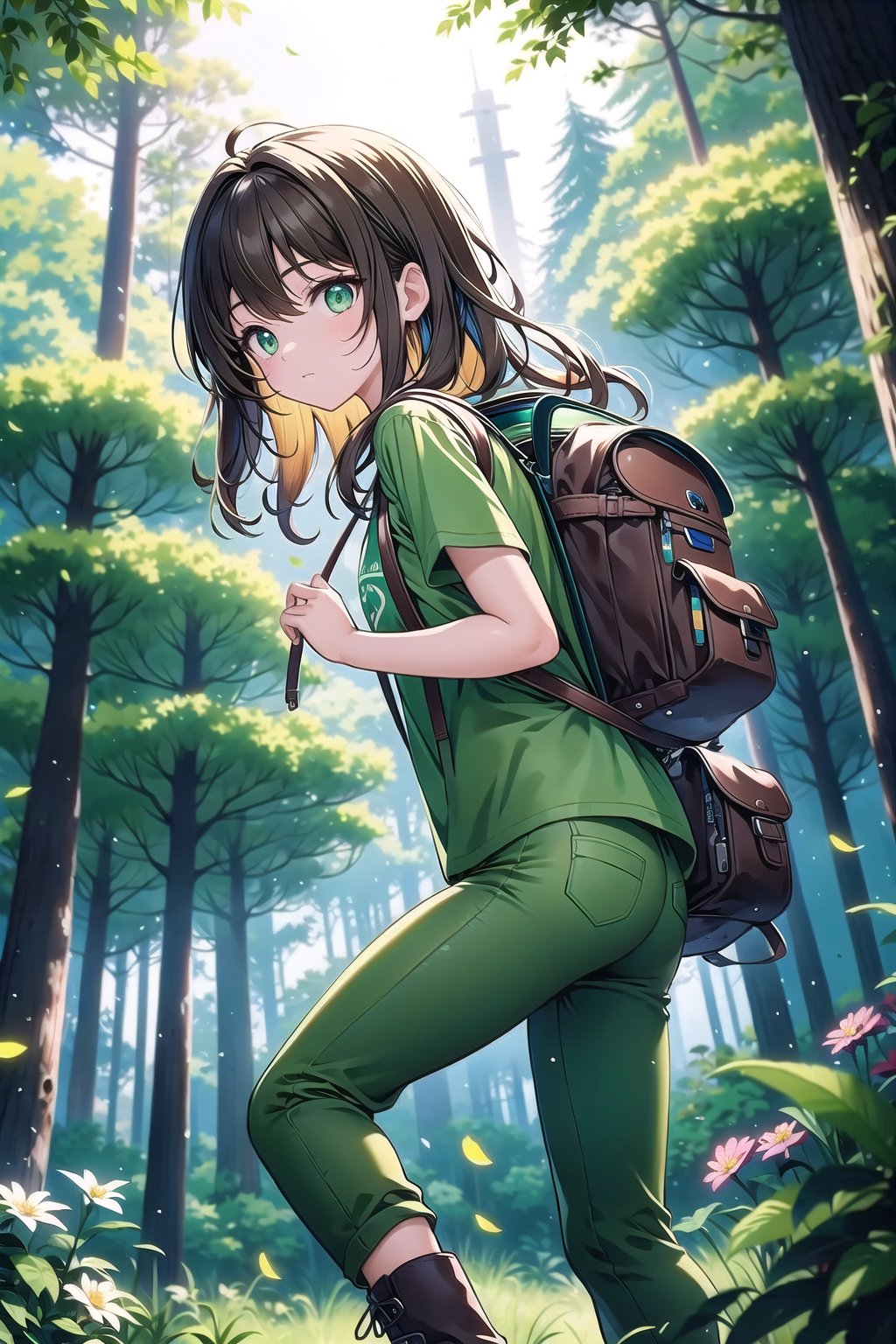 vibrant colors, female, masterpiece, sharp focus, best quality, depth of field, cinematic lighting, ((solo, one woman )), (illustration, 8k CG, extremely detailed), masterpiece, ultra-detailed, Walker in the Enchanted Forest)

Hair Length: Medium Wavy 
Hair Color: Golden Brown 
Eye Color: Emerald Green 
Clothes: Green shirt, brown pants, hiking boots, backpack with camping tent.
This adventurous walker explored the magical forest with his medium, wavy golden brown hair moving with the rhythm of the wind in the trees. His emerald green eyes shone with emotion as he discovered nature's hidden secrets. He wore a green shirt that blended in with the foliage, abrasion-resistant brown pants, hiking boots that allowed him to tackle rough terrain and a backpack with a camping tent to spend the night among the trees.
Background: Enchanted forest with majestic trees and colorful flowers decorating the undergrowth.