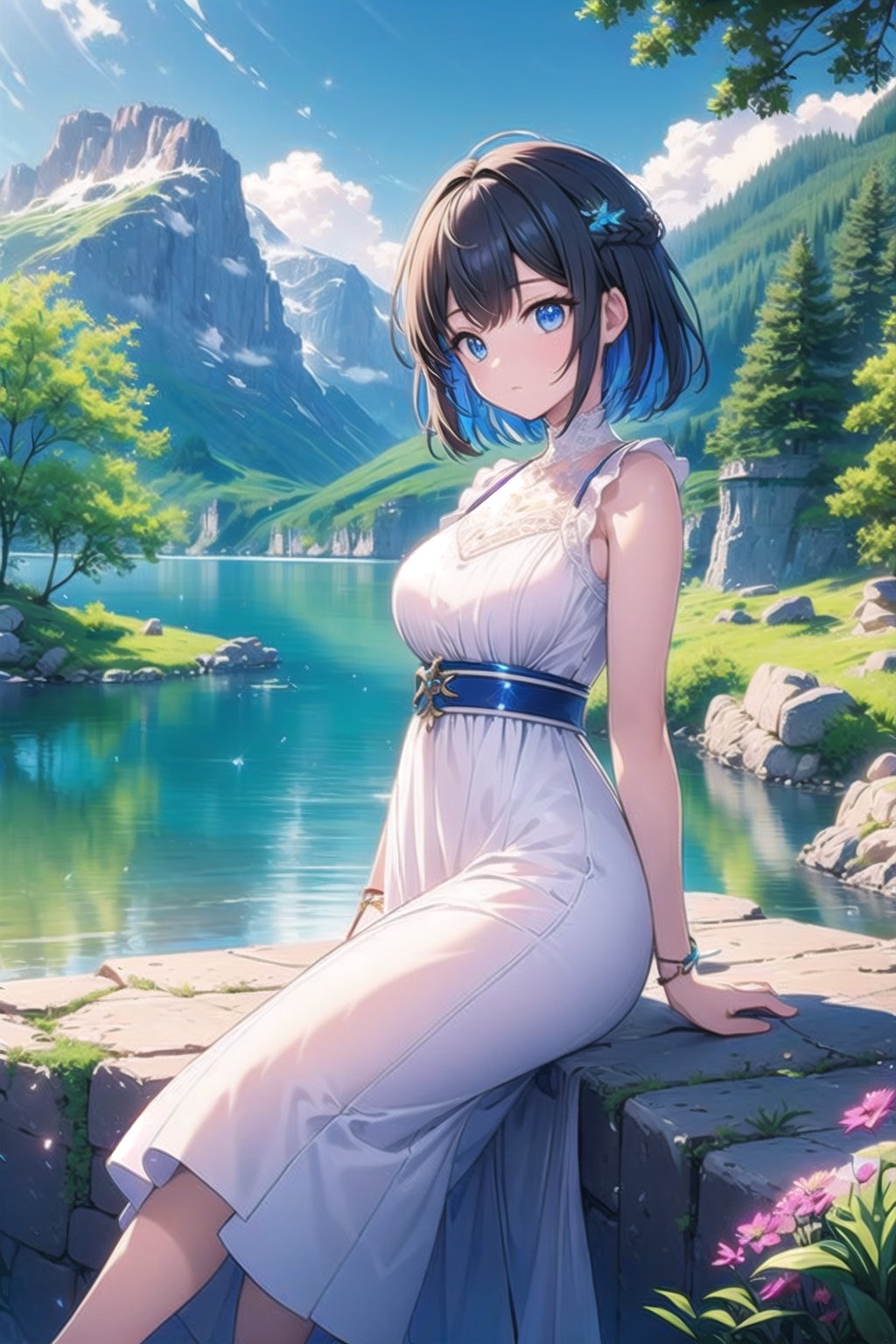 vibrant colors, female, masterpiece, sharp focus, best quality, depth of field, cinematic lighting, ((solo, one woman )), (illustration, 8k CG, extremely detailed), masterpiece, ultra-detailed,landscape, road, rocks, natural, forest, water, river, mountains, atmosphere, white dress,Spring,anime