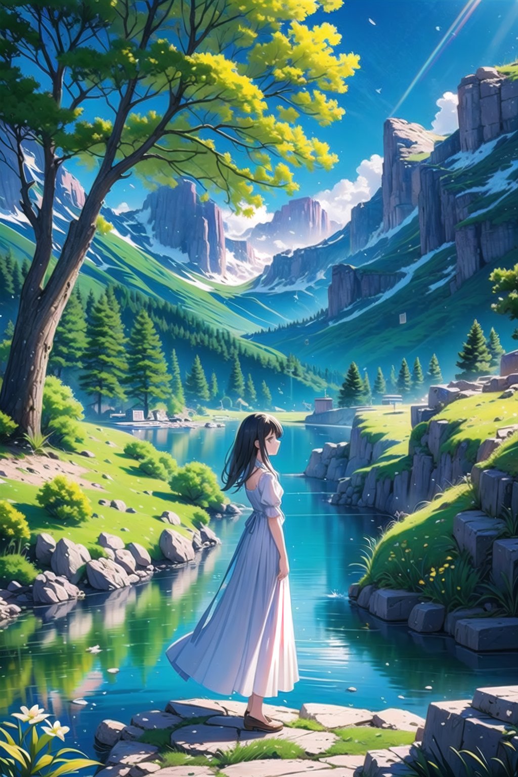 vibrant colors, female, masterpiece, sharp focus, best quality, depth of field, cinematic lighting, ((solo, one woman )), (illustration, 8k CG, extremely detailed), masterpiece, ultra-detailed,landscape, road, rocks, natural, forest, water, river, mountains, atmosphere, white dress,Spring,anime