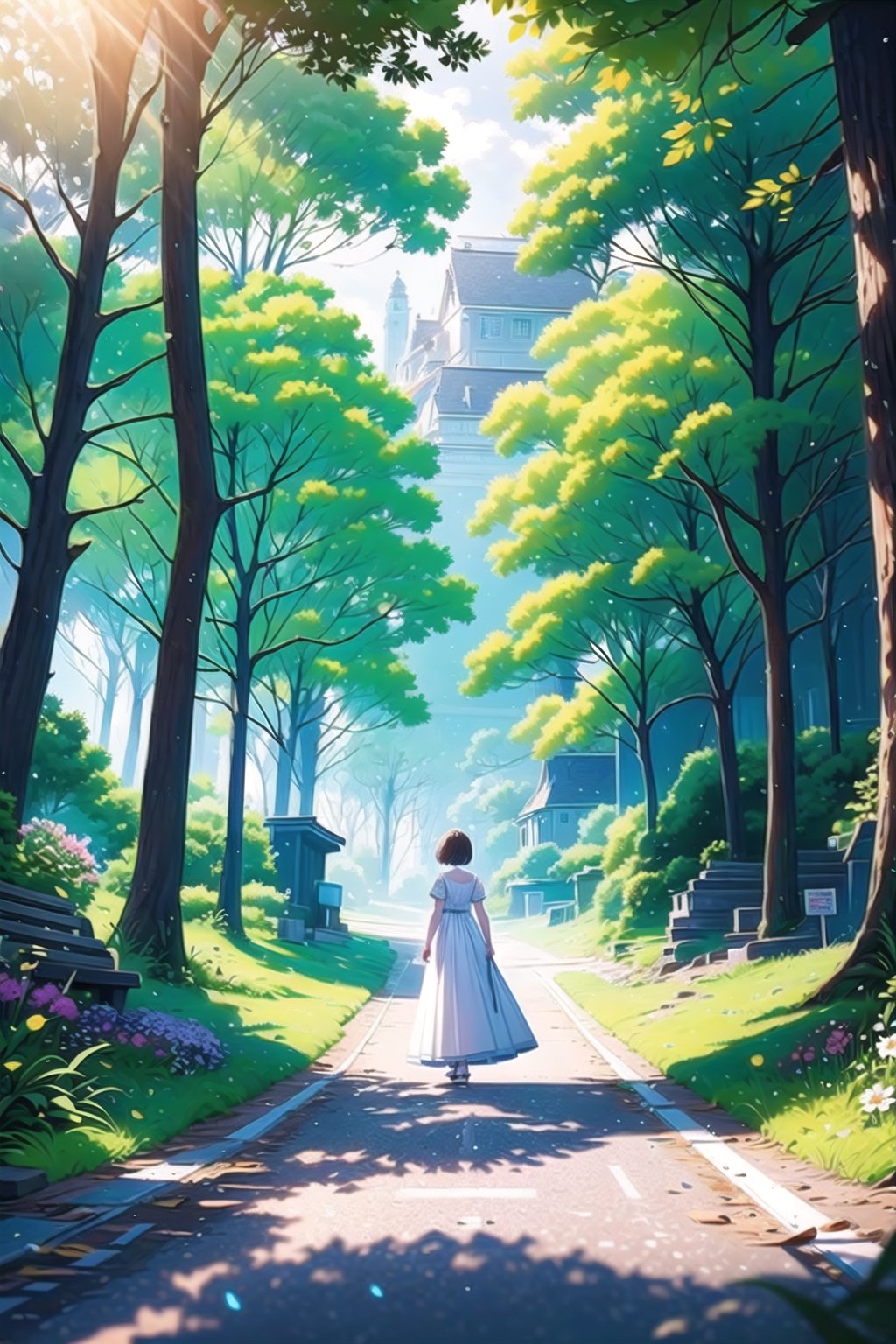 vibrant colors, female, masterpiece, sharp focus, best quality, depth of field, cinematic lighting, ((solo, one woman )), (illustration, 8k CG, extremely detailed), masterpiece, ultra-detailed,landscape, road, natural, forest,  atmosphere, white dress,Spring,anime