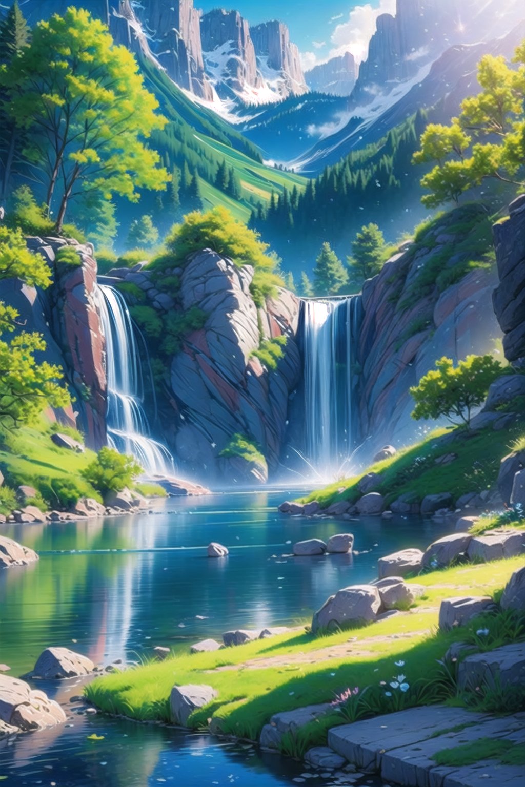 vibrant colors, female, masterpiece, sharp focus, best quality, depth of field, cinematic lighting, ((solo, one woman )), (illustration, 8k CG, extremely detailed), masterpiece, ultra-detailed,landscape, road, rocks, natural, forest, water, river, mountains, atmosphere, white dress,Spring,anime