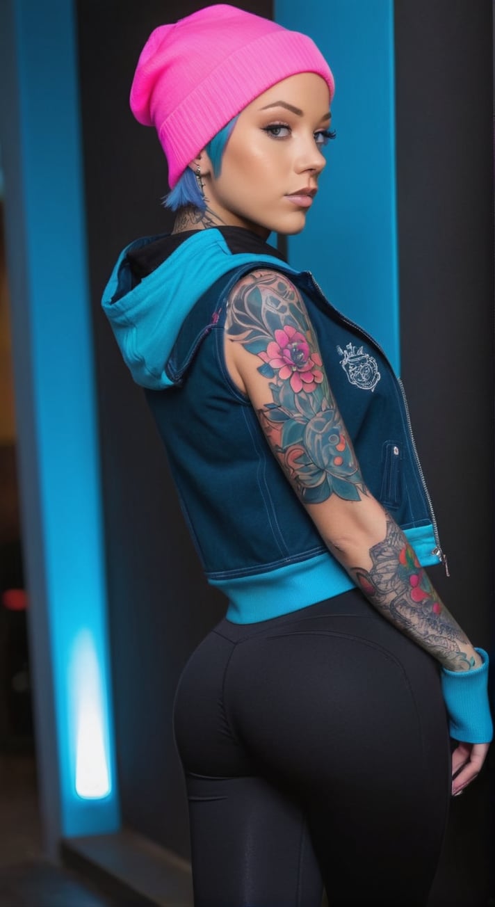 a detailed photo of a beautiful girl, (dynamic backpose:1.3), hourglas body, (tatoos:1.3), short hair, pink hair, wearing a beanie, wearing a (blue crop jacket:1.2), short sleeves, wearing a black full body suit, leggings, downside view, intricate, (down angle), masterpiece, best quality, neon, futuristic background ,more detail XL