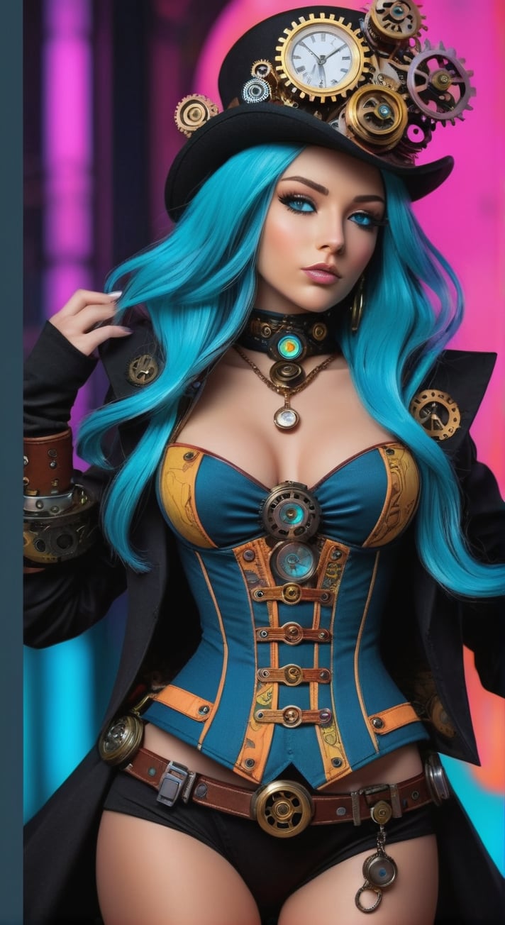 Cybermystic figure with steampunk aesthetics, intricate clockwork mechanisms interwoven with her attire accentuated by vibrant dollcore-inspired hues, juxtaposed with comic art linework, dynamic poses reminiscent of colorful animations, volumetric lighting highlighting her form, ultra fine digital painting
