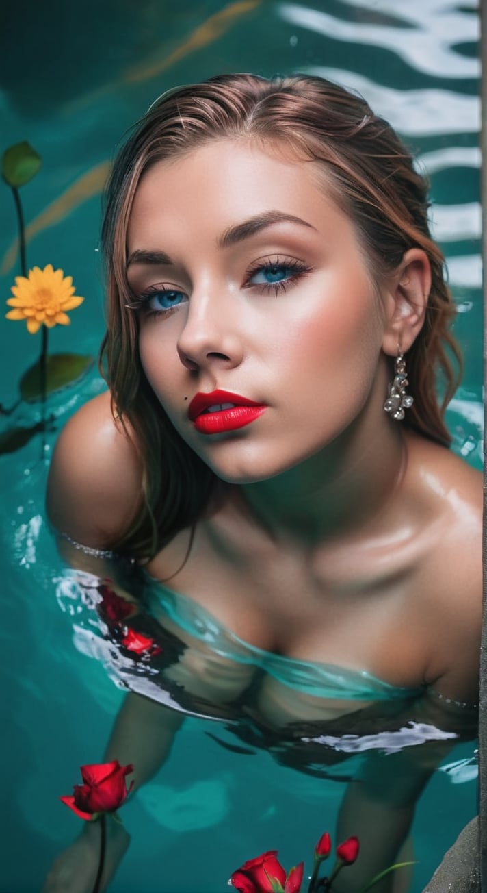 woman wearing red lipstick standing in waters, dark cyan and light cyan, brandon woelfel, high-angle, flowers, emotive faces, beautiful