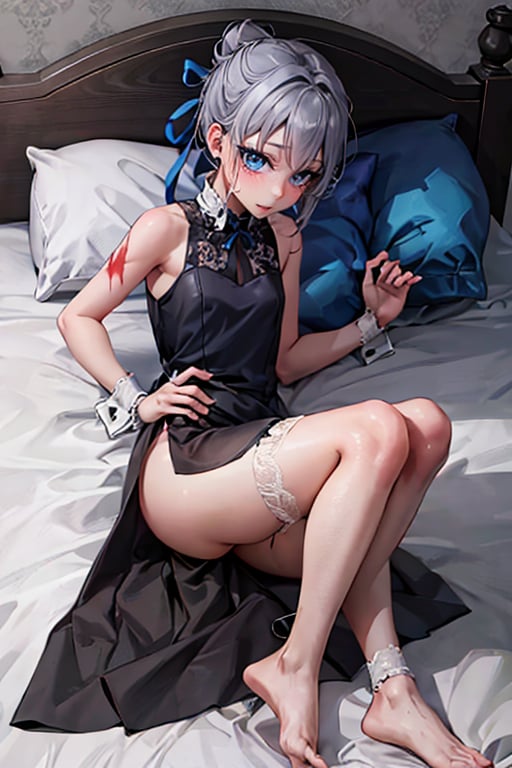 syy,girl, solo, looking at viewer, bangs, blue eyes, dress, ribbon, bare shoulders, hair ribbon, long hair,ponytail,
full body ,grey hair, small breasts, sleeveless, hair bun, pillow ,bed, on ,bed, scar, blue ribbon ,burn ,scar,black dress,wrist cuffs,sleeveless dress,frilled dress,full body