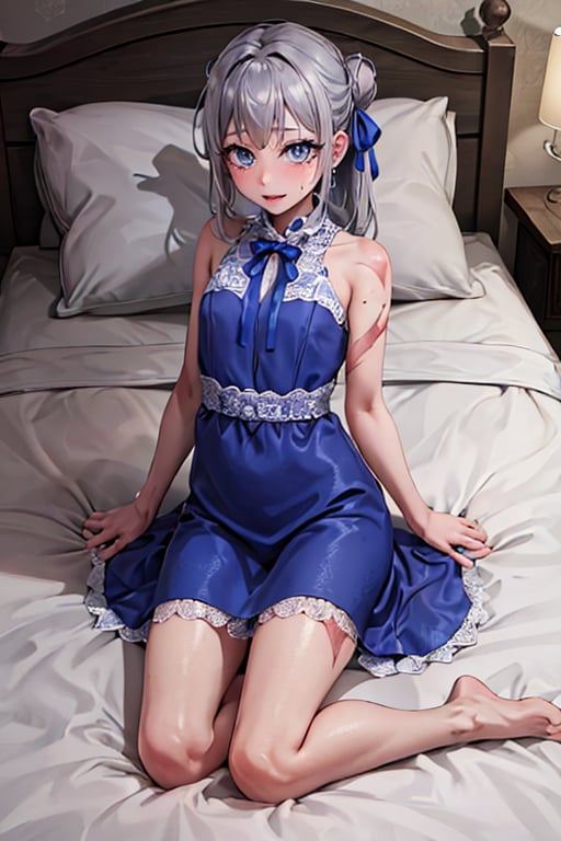 syy,girl, solo, looking at viewer, bangs, blue eyes, dress, ribbon, bare shoulders, hair ribbon, long hair,
full body ,grey hair, small breasts, sleeveless, hair bun, pillow ,bed, on ,bed, scar, blue ribbon ,burn ,scar