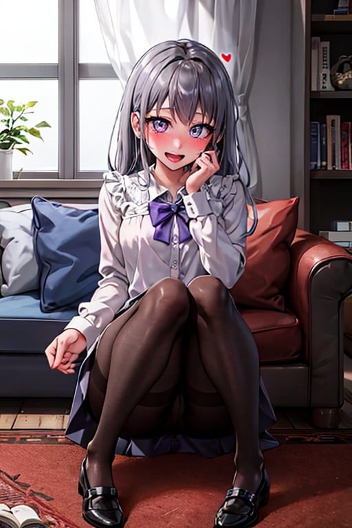 syy,,1girl ,solo, long hair, looking at viewer, blush ,smile, open mouth ,black hair, dress, bow, sitting, purple eyes, full body, grey hair, heart ,pantyhose, shoes, black pantyhose ,symbol-shaped pupils, scar, chair ,heart-shaped pupils ,couch ,burn scar