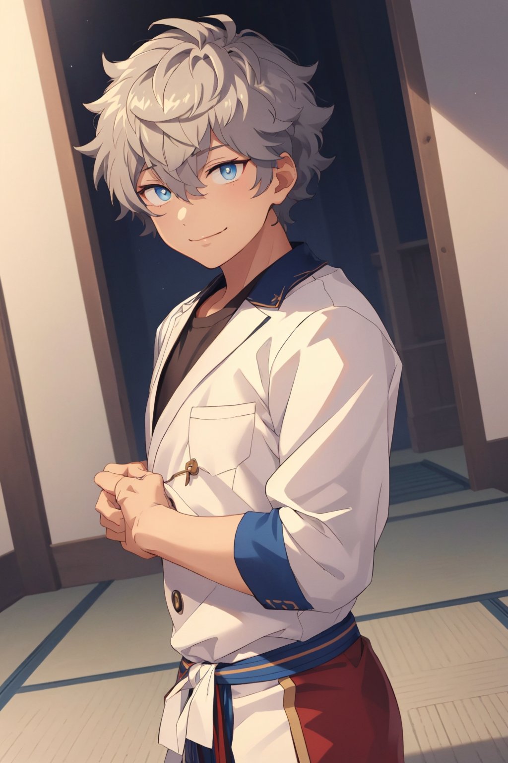 Highly detailed, high quality, masterpiece, beautiful, sena izumi, star set, best quality, detailed eyes, wind, detailed face, detailed hair, depth of field, 8k unit, handsome, charming, seductive, standing, smiling, framed upper body, perfect anatomy, perfect proportions, 2d, anime, (best quality, masterpiece), (perfect eyes, perfect pupil), high resolution, dutch angle, best quality, 1boy, sena izumi, ensemble stars, alone, looking at viewer, smile, short hair, bangs, blue eyes, 1 boy, white hair, male focus, lying, on tatami, on a yukaya, completely naked, fundoshi, marked bulge in fundoshi, distressed look, pink paws, marks blue on the body