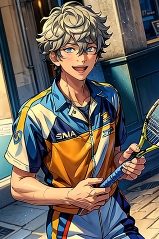 Very detailed, high quality, masterpiece, beautiful,,sena izumi, ensemble stars,s, best quality, detailed eyes,wind, detailed face, detailed hair, depth of field, unity 8k,handsome, charming, seductive, standing, smiling, upper body in frame, perfect anatomy, perfect proportions, 2d, anime, ( best quality, masterpiece), (perfect eyes, perfect pupil), high resolution, Dutch angle, 
,best quality,1guy,sena izumi, ensemble stars, solo, smile, open mouth, 1boy, male focus, tennis uniform, racket, tennis racket