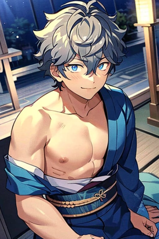 Very detailed, high quality, masterpiece, beautiful,,sena izumi, ensemble stars,s, best quality, detailed eyes,wind, detailed face, detailed hair, depth of field, unity 8k,handsome, charming, seductive, standing, smiling, upper body in frame, perfect anatomy, perfect proportions, 2d, anime, ( best quality, masterpiece), (perfect eyes, perfect pupil), high resolution, Dutch angle, 
,best quality,1guy,sena izumi, ensemble stars, solo,looking at viewer,smile,short hair,bangs,blue eyes,1boy,sitting,closed mouth,collarbone,white hair,male focus,outdoors,japanese clothes,sky,kimono,off shoulder,tree,night,acial mark,pectorals,star \(sky\),night sky,starry sky,toned,yukata,blue kimono,architecture,toned male,east asian architecture
