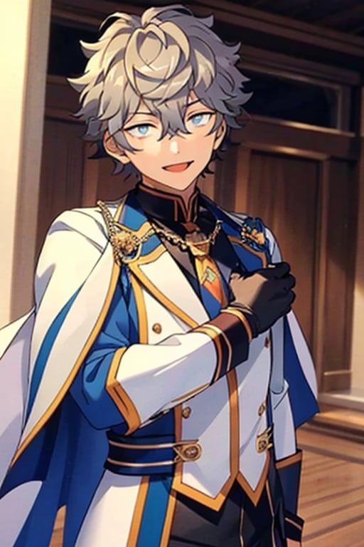 Very detailed, high quality, masterpiece, beautiful,,sena izumi, ensemble stars,s, best quality, detailed eyes,wind, detailed face, detailed hair, depth of field, unity 8k,handsome, charming, seductive, standing, smiling, upper body in frame, perfect anatomy, perfect proportions, 2d, anime, ( best quality, masterpiece), (perfect eyes, perfect pupil), high resolution, Dutch angle, 
,best quality,1guy,sena izumi, ensemble stars, solo, looking at viewer, smile, open mouth, gloves, long sleeves, 1boy, male focus, white gloves, cape, tassel, aiguillette