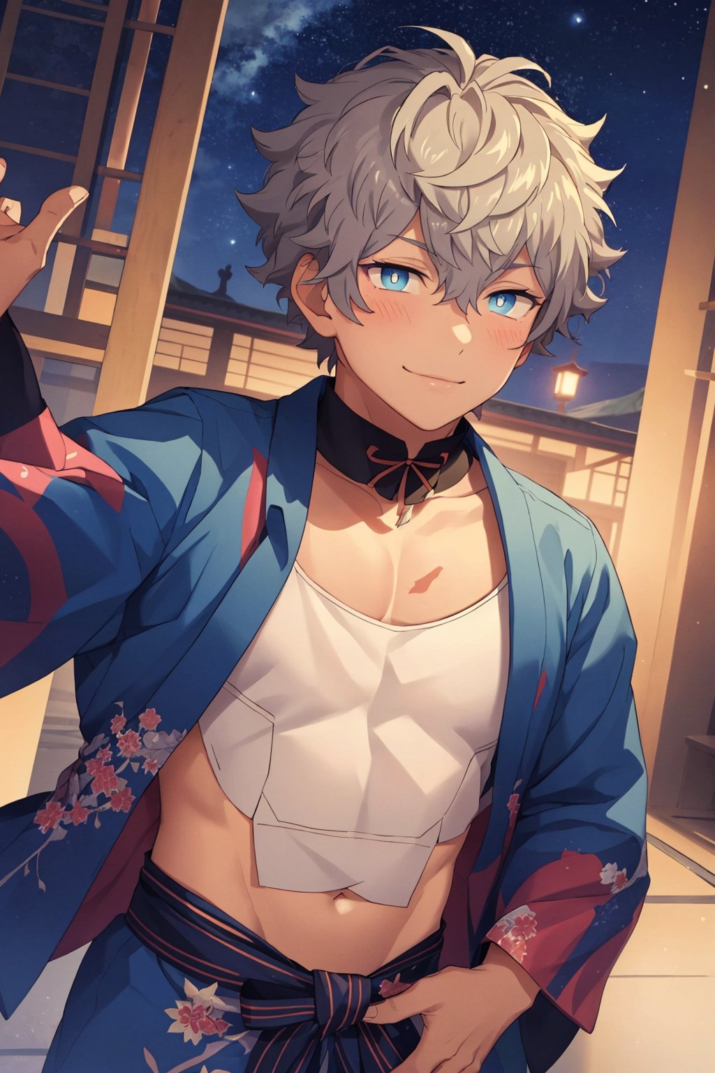 Highly detailed, high quality, masterpiece, beautiful, sena izumi, star set, best quality, detailed eyes, wind, detailed face, detailed hair, depth of field, 8k unit, handsome, charming, seductive, standing, smiling, framed upper body, perfect anatomy, perfect proportions, 2d, anime, (best quality, masterpiece), (perfect eyes, perfect pupil), high resolution, dutch angle, best quality, 1boy, sena izumi, ensemble stars, alone,looking at viewer,smile,short hair,bangs,blue eyes,1 boy,lying,face up,white hair,male focus,outdoors,japanese clothing,sky,yukata,yucaya avert,tree,night,low blue facial marking the eye,pectorals,abs,navel,star \(sky\),night sky,starry sky,toned,yukata,blue,architecture,toned man,East Asian architecture,underwear,funshido,marked bulge,blush gaze,marks blue on the body