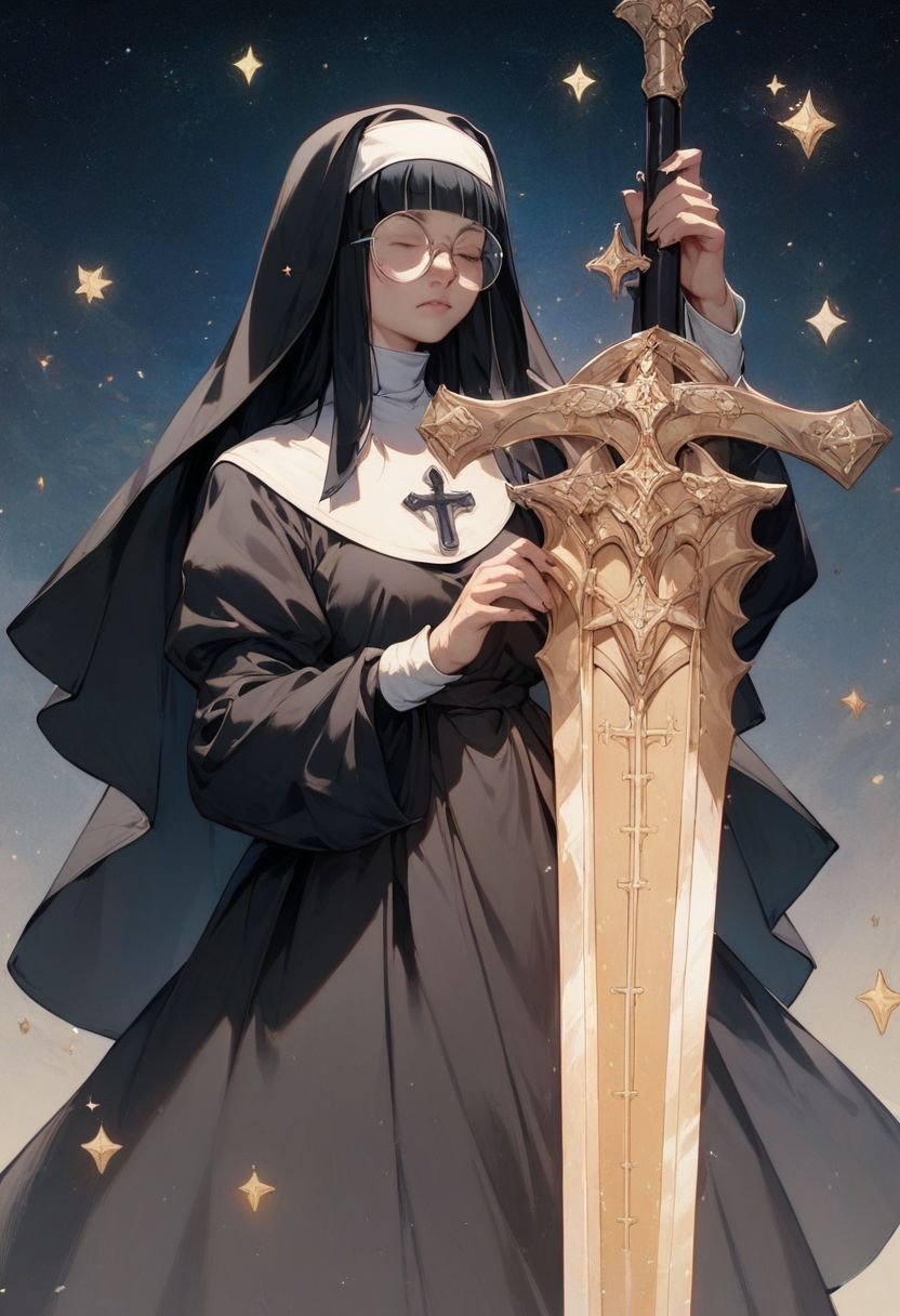 score_9, score_8_up, score_7_up, score_6_up, female, black haired, big round glasses,  greatsword in front of body, koling, hime cut, nun outfit, eyes closed, celestial light, gold detail, astral OverallDetail