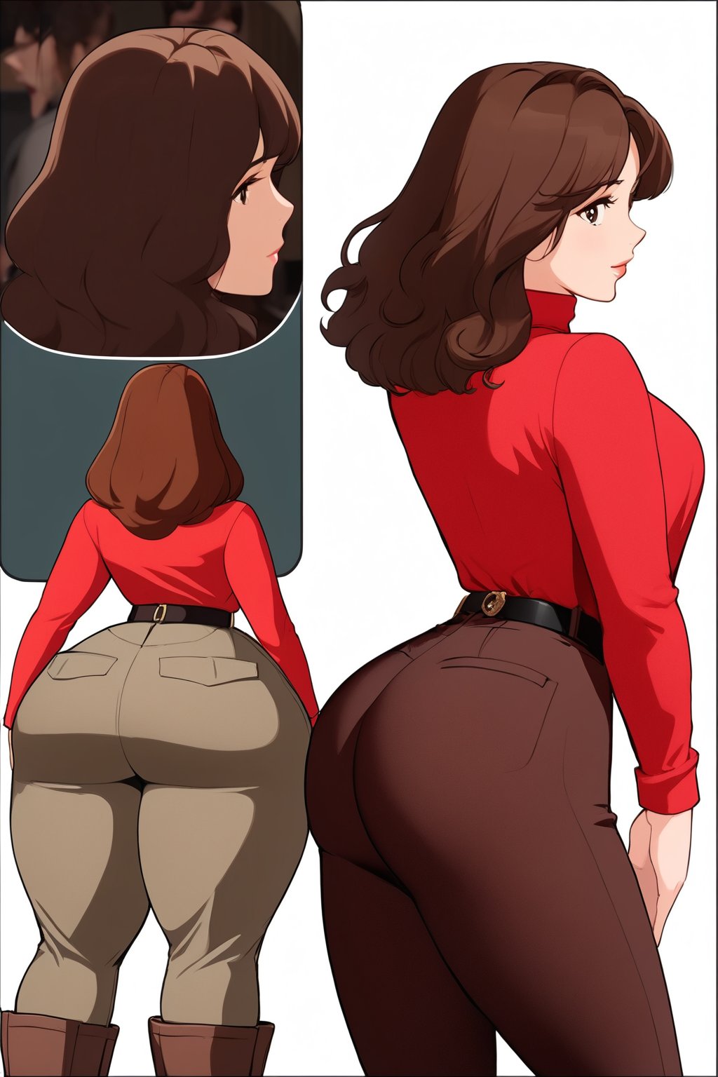 jennifer love hewitt, red long sleeves turtleneck shirt,tight brown trousers, grey boots, shirt neck length curly bob curvy bang brown hair, brown eyes, curvy wide hips, Thicc Juicy Big Butt, Bootylicious, back_view, looking-at-viewer, character_sheet, masterpiece, best quality, detailed face, detailed, highres, cinematic moviemaker style,