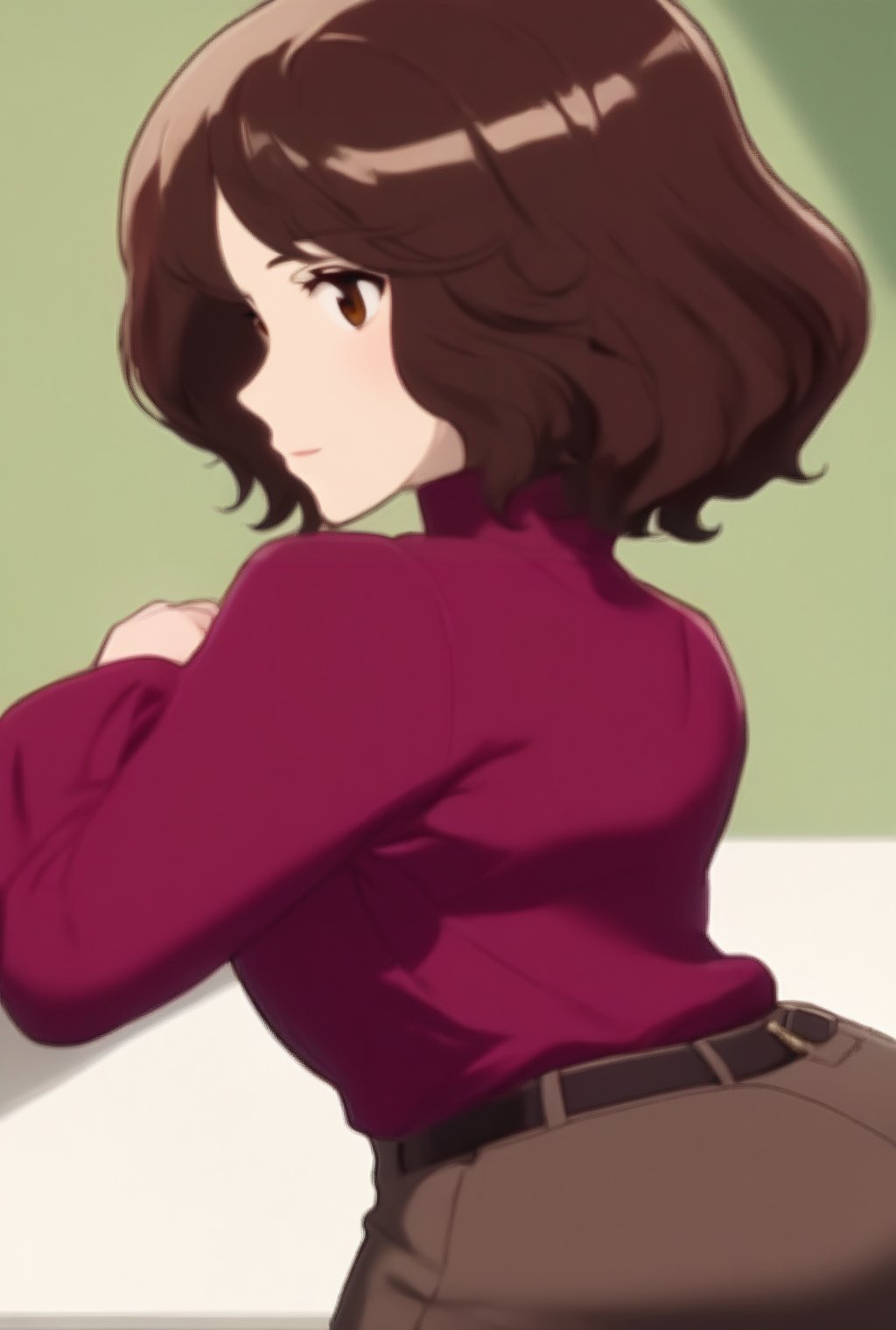 Solo_Female, age 21 years old, red velvet long sleeves turtleneck shirt,tight brown trousers, grey boots, shirt neck length curly bob curvy bang brown hair, brown eyes, curvy wide hips, Thicc Juicy Big Butt, Bootylicious, looking-at-viewer, back_view, masterpiece, best quality, detailed face, detailed, highres, shoujo_anime