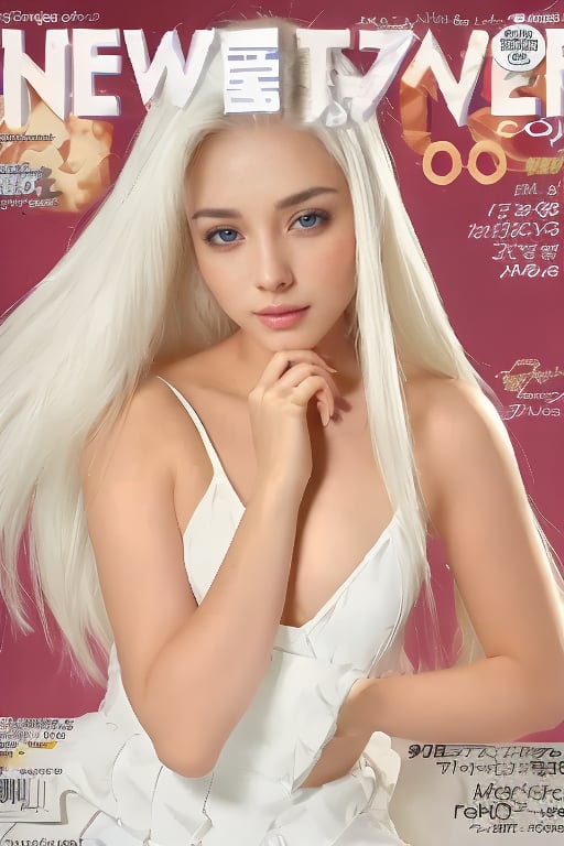 1girl, solo, upper body, white hair, lips, traditional media, reality, pop idol magazine, title font "New Lora Is Coming", attractive cover with beauty characters,jpop cover 80s