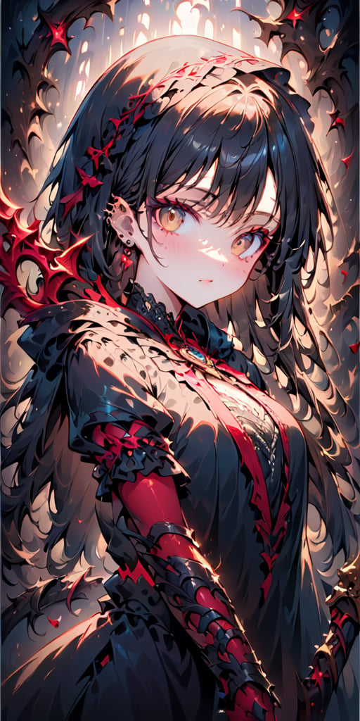 Generate hyper realistic image of a demonic enchantress with long black hair framing her ominous visage. Her piercing gaze, looking directly at the viewer, exudes a sinister allure. Clad in dark gloves and a hood, the upper body showcases her devilish charm. A wickedly sharp sword, a weapon of the shadows, rests against her side. Realistic features like lips and a sharp nose add to the haunting realism of this demonic solo scene.