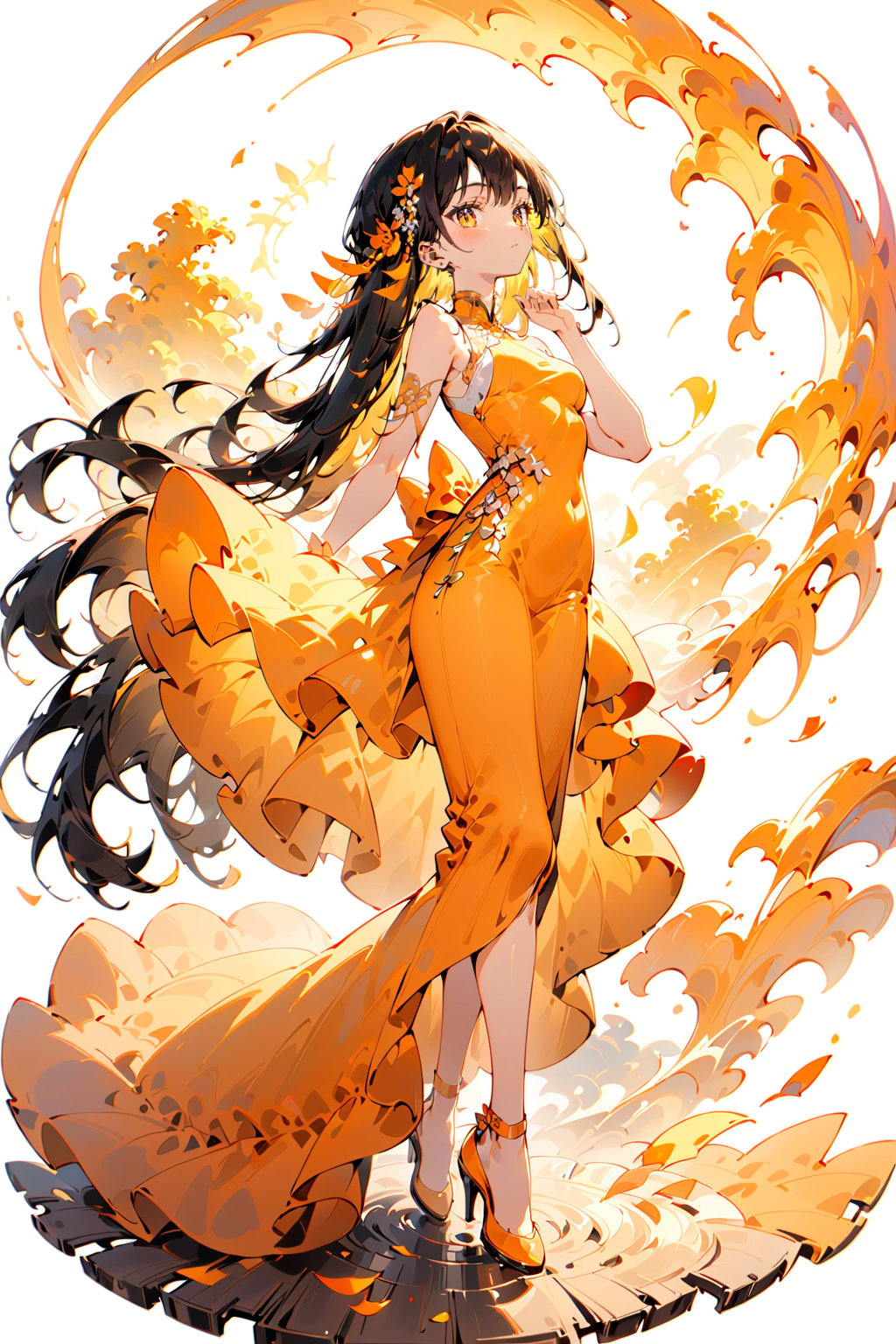 extreme detailed, (masterpiece), (top quality), (best quality), (official art), (beautiful and aesthetic:1.2), (stylish pose), (1 woman), (colorful), (orange-white theme: 1.5), ppcp, medium length skirt, 	looking into distance, long wave black hair, 
perfect,ChineseWatercolorPainting,Chromaspots,fairy