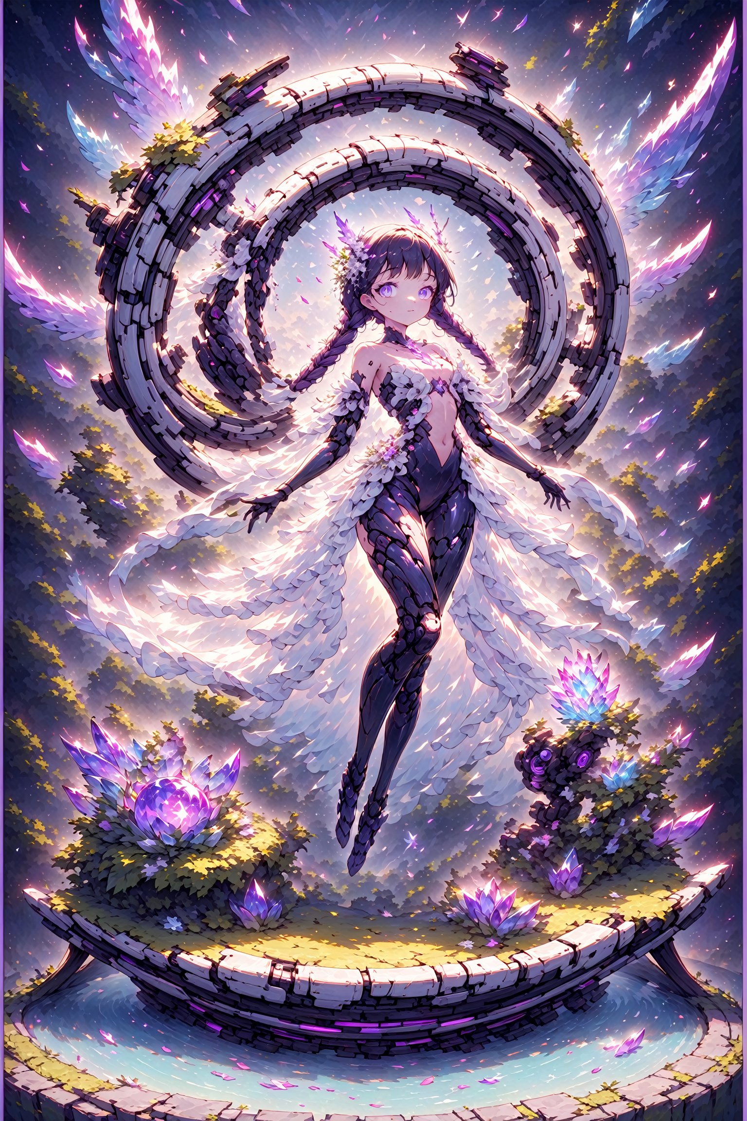 A cyborg girl, with amethyst eyes, a fusion of technology and nature, sleek metallic frame and organic components, enchanting and mysterious at the same time. Reminiscent of a precious gemstone, its eyes radiated an otherworldly radiance that hinted at the complexity of its inner workings..,Amethyst ,Crystal game props,cyborg