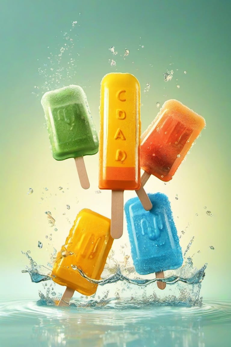 Popsicles are the main body, summer is scorching, water drops floating around, C4D,3D renderer, cartoon, cute, packaging design, five-point lighting, studio lighting,