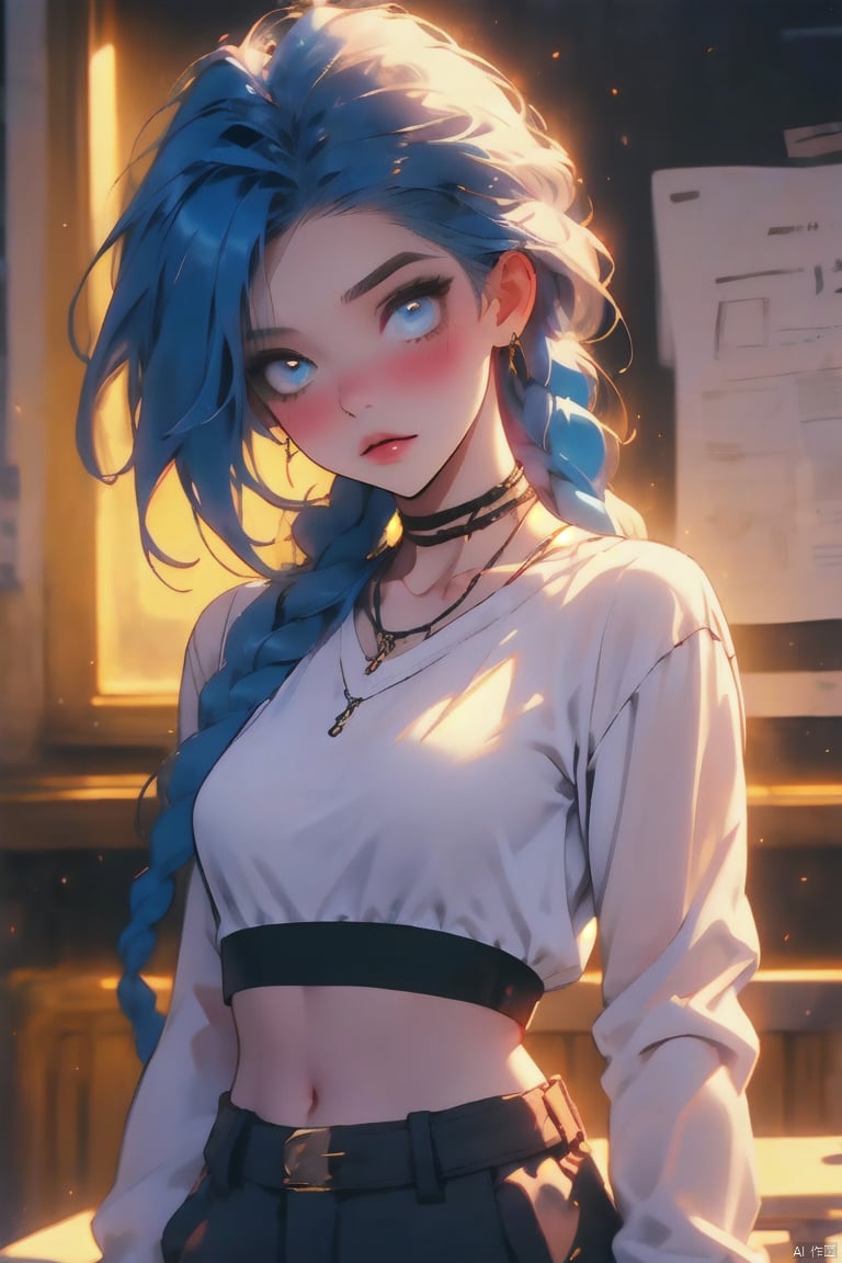 1girl, solo, long hair, breasts, looking at viewer, blush, bangs, shirt, long sleeves, jewelry, medium breasts, sitting, very long hair, blue hair, jacket, white shirt, braid, parted lips, open clothes, alternate costume, choker, belt, pants, artist name, indoors, necklace, crop top, black shirt, single braid, black choker, black pants, piercing, white jacket, hair over shoulder, asymmetrical bangs