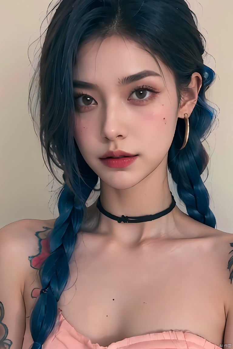 1girl, solo, long hair, breasts, looking at viewer, blush, bangs, red eyes, cleavage, bare shoulders, jewelry, medium breasts, closed mouth, blue hair, collarbone, upper body, braid, earrings, alternate costume, choker, artist name, indoors, pink eyes, twin braids, tattoo, black choker, piercing, ear piercing, asymmetrical bangs, arm tattoo, shoulder tattoo, jinx \(league of legends\)